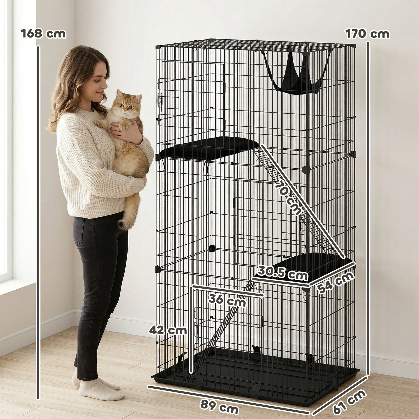 3-Tier Large Cat Cage Indoor, Detachable Metal Wire Kennel with Hammock, Platforms, Tray and Cushions for 1-2 Kittens - Image 3