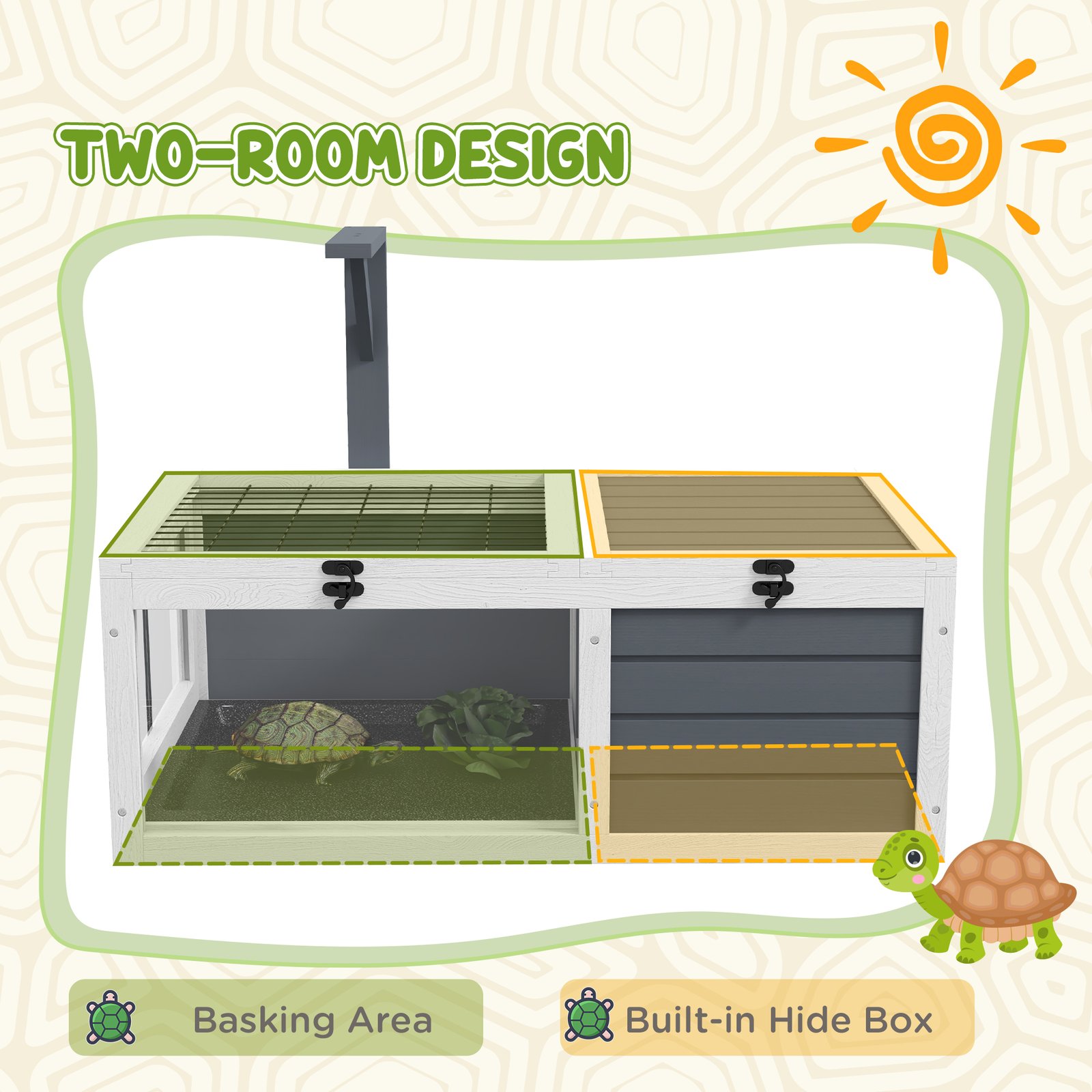 Tortoise Table with Wooden Lamp Holder, Wooden Tortoise House w/ Openable Lids, Pull-Out Trays - Grey