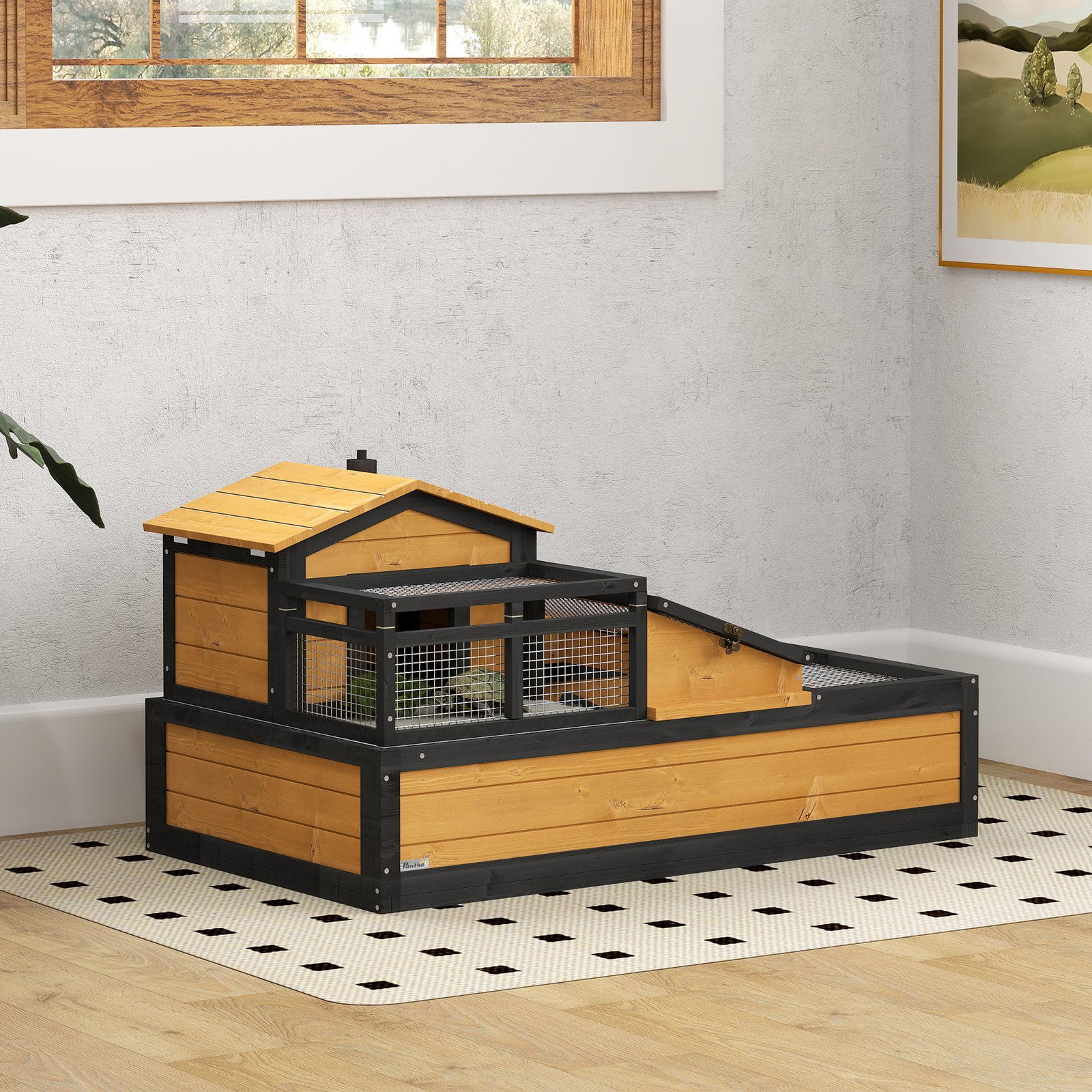 Wooden Tortoise House with Balcony, Tray, Roof, for Indoor and Outdoor, Yellow - Image 9
