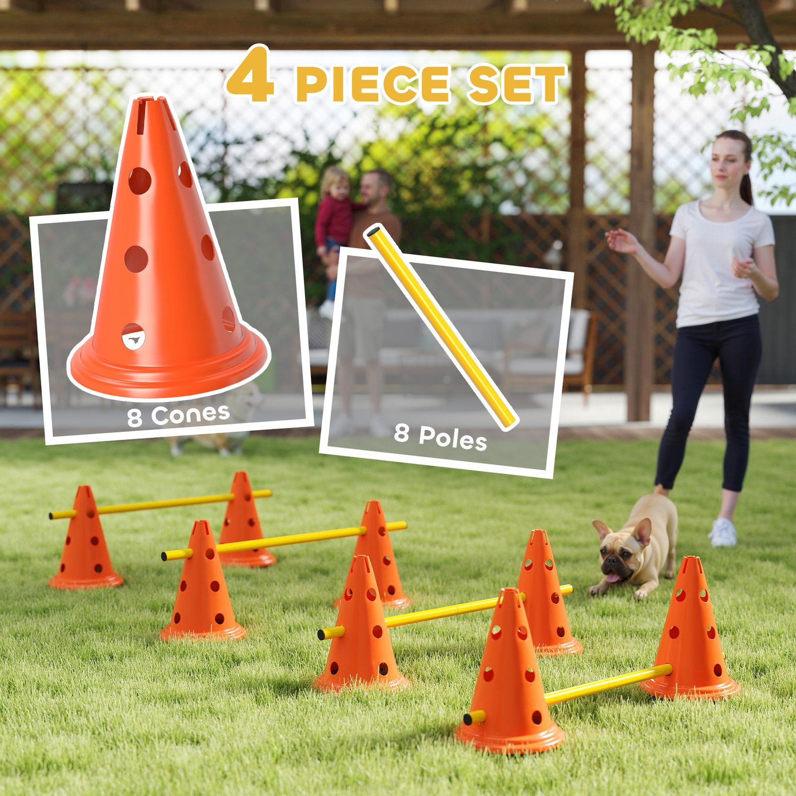 Dog Agility Equipment Set of Eight Cones, Eight Poles w/ Carry Bag, Four-Piece Adjustable Height Jumping Obstacles - Image 4