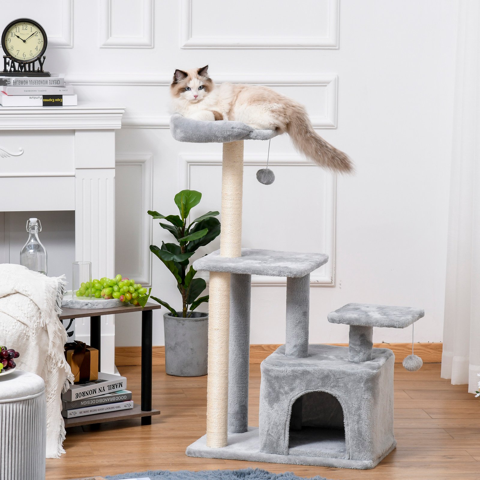 Cat Tree Tower for Indoor Cats 114cm Climbing Activity Centre Kitten with Sisal Scratching Post Perch Hanging Ball Condo Toy Light Grey