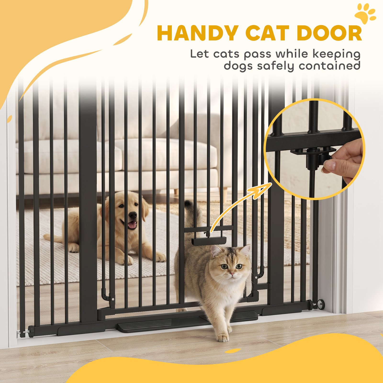 135cm Extra Tall Dog Gate with Cat Door, Fits Openings 81-108 cm Pressure Mounted for Doorways, Hallways, No Drilling