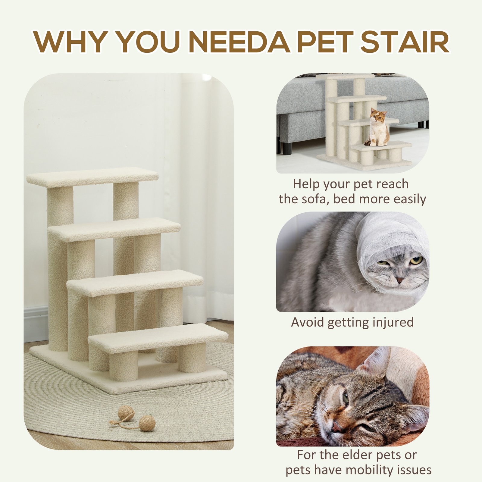 Dog Steps for Bed 4 Step Pet Stairs for Sofa Dog Cat Climb Ladder 63x43x60 cm Cream - Image 5