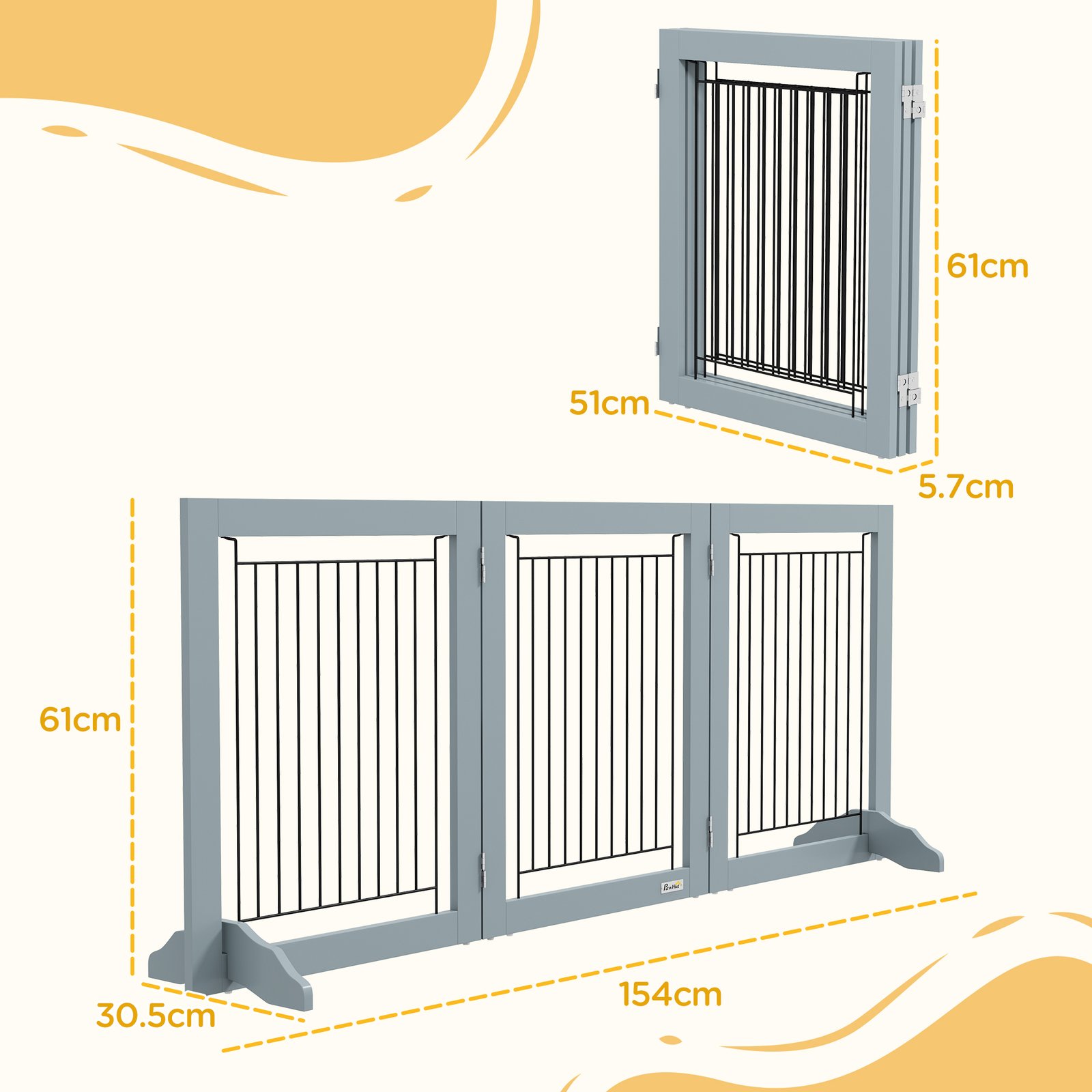 Foldable Pet Gate, with Three Panels & Two Support Feet - Grey - Image 3