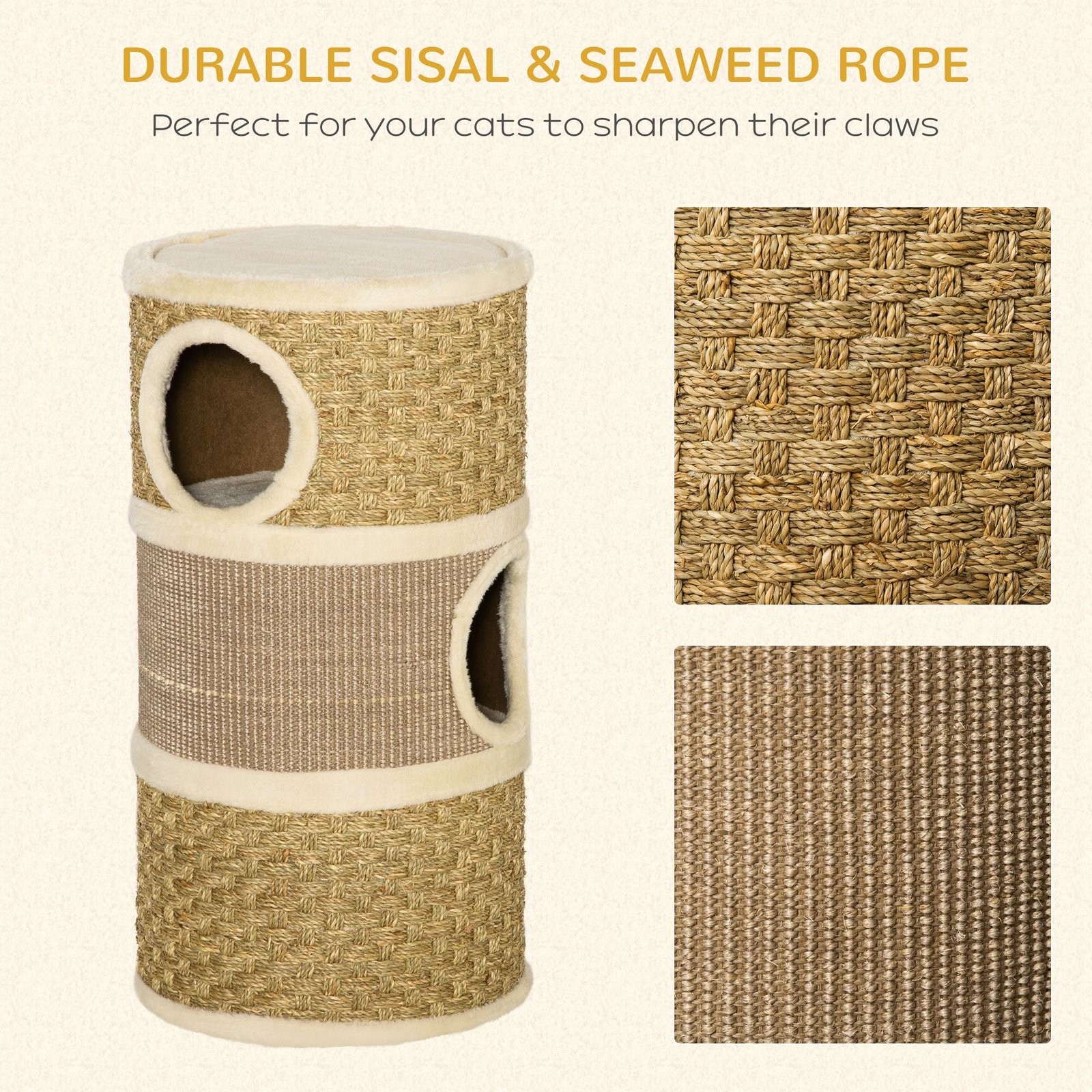 Cat Scratching Barrel Kitten Tree Tower for Indoor Cats Pet Furniture Climbing Frame Covered with Sisal and Seaweed Rope Cozy Platform Soft Plush - Image 6