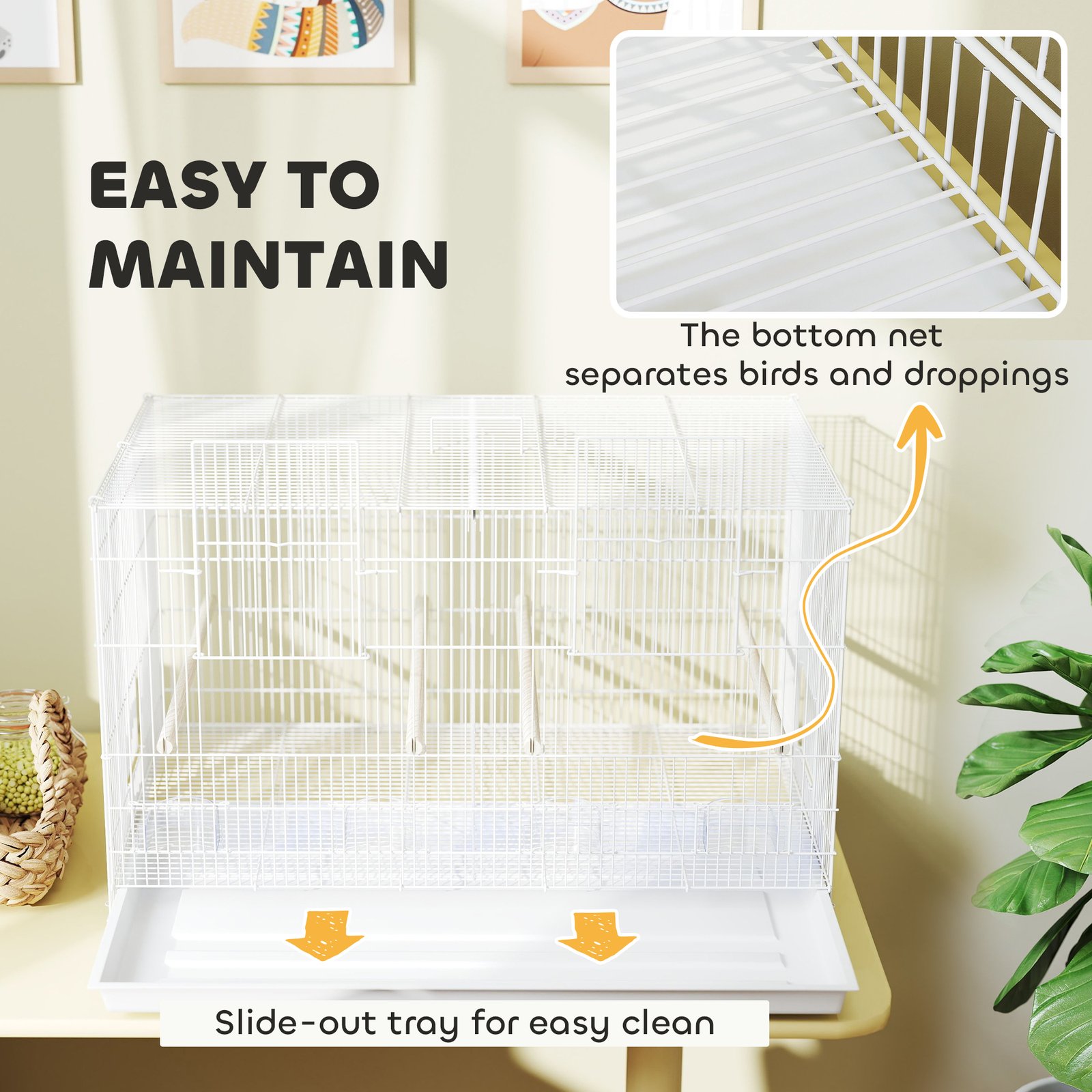 Bird Cage with Divider, 4 Wooden Perches, Slide Out Tray, 4 Feeders, for Budgie, Lovebird, Canary, 76 x 46 x 46cm, White