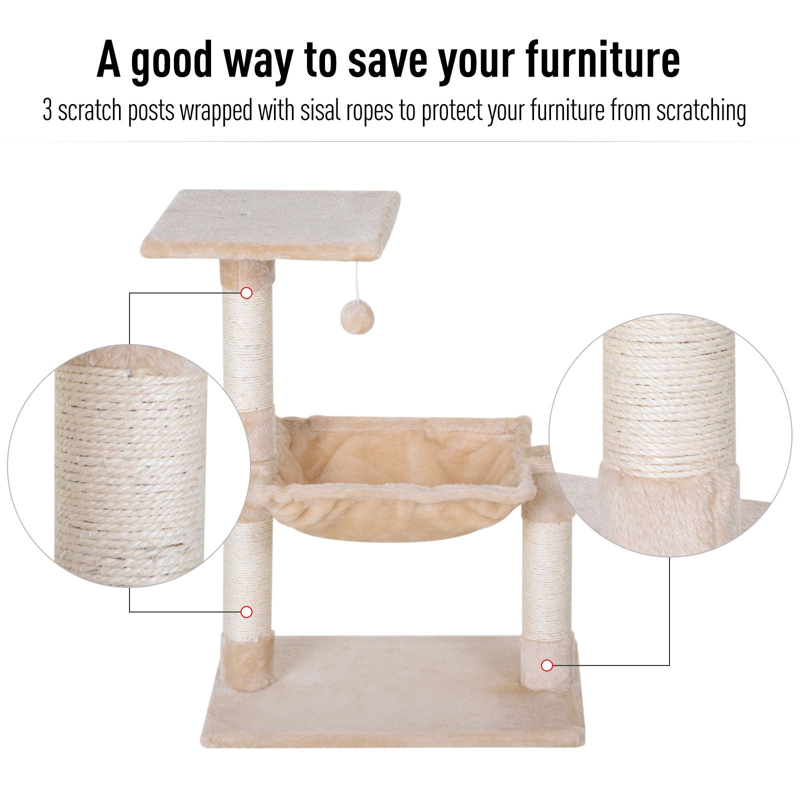 Cat Scratch Post with Bed Cat Tree for Indoor Cats Sisal Scratching Posts Hammock Kitty Activity Centre Beige - Image 4