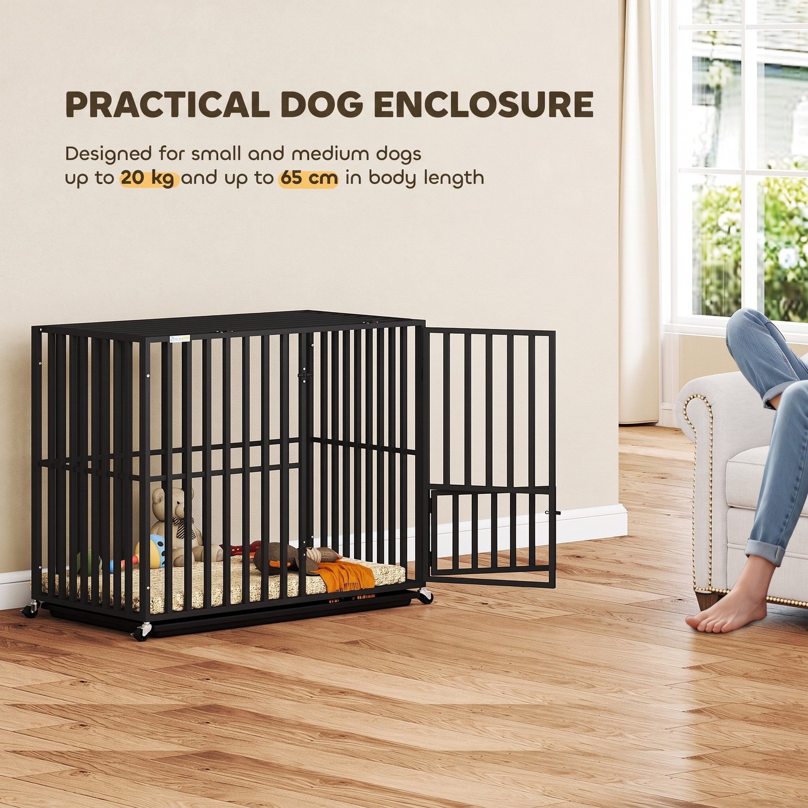 Heavy Duty Dog Crate, Dog Cage with Wheels for Small Medium Breeds, Metal Pet Kennel with Removable Tray