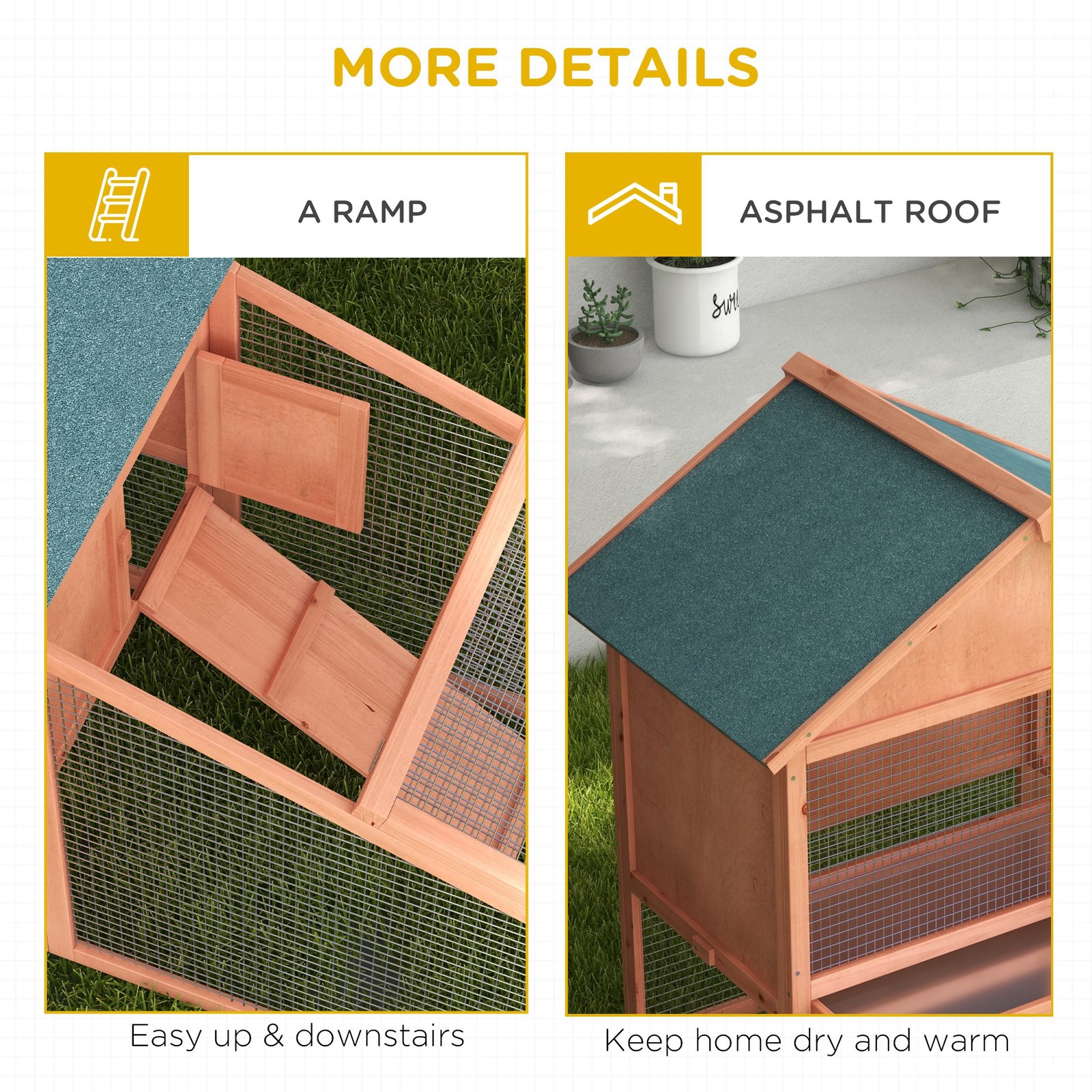 2 Tier Rabbit Hutch Outdoor, Guinea Pig Hutch, Solid Wood Bunny House, Water Resistant Asphalt Roof Ramp Sliding tray 144 x 64.5 x 100 cm - Image 7