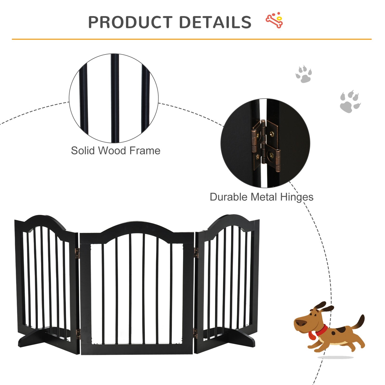 Freestanding Dog Gate Wooden Stair Gate for Dogs with Support Feet Foldable Pet Fence Safety Barrier for the House Doorway Stairs Black