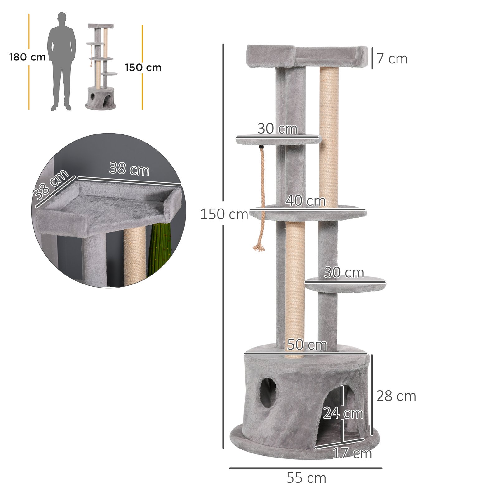 Cat Tree for Indoor Cats Kitten Tower Multi-level Activity Centre Pet Furniture with Scratching Post Condo Hanging Ropes Plush Perches Grey - Image 3
