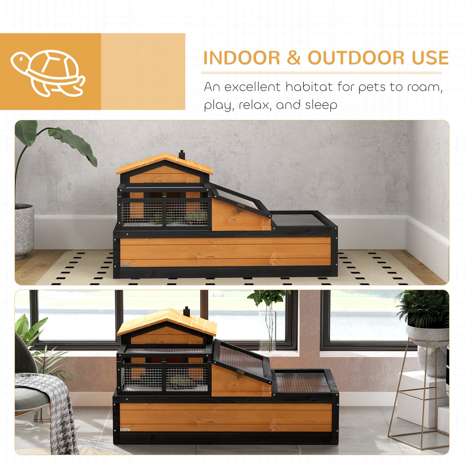 Wooden Tortoise House with Balcony, Tray, Roof, for Indoor and Outdoor, Yellow - Image 8