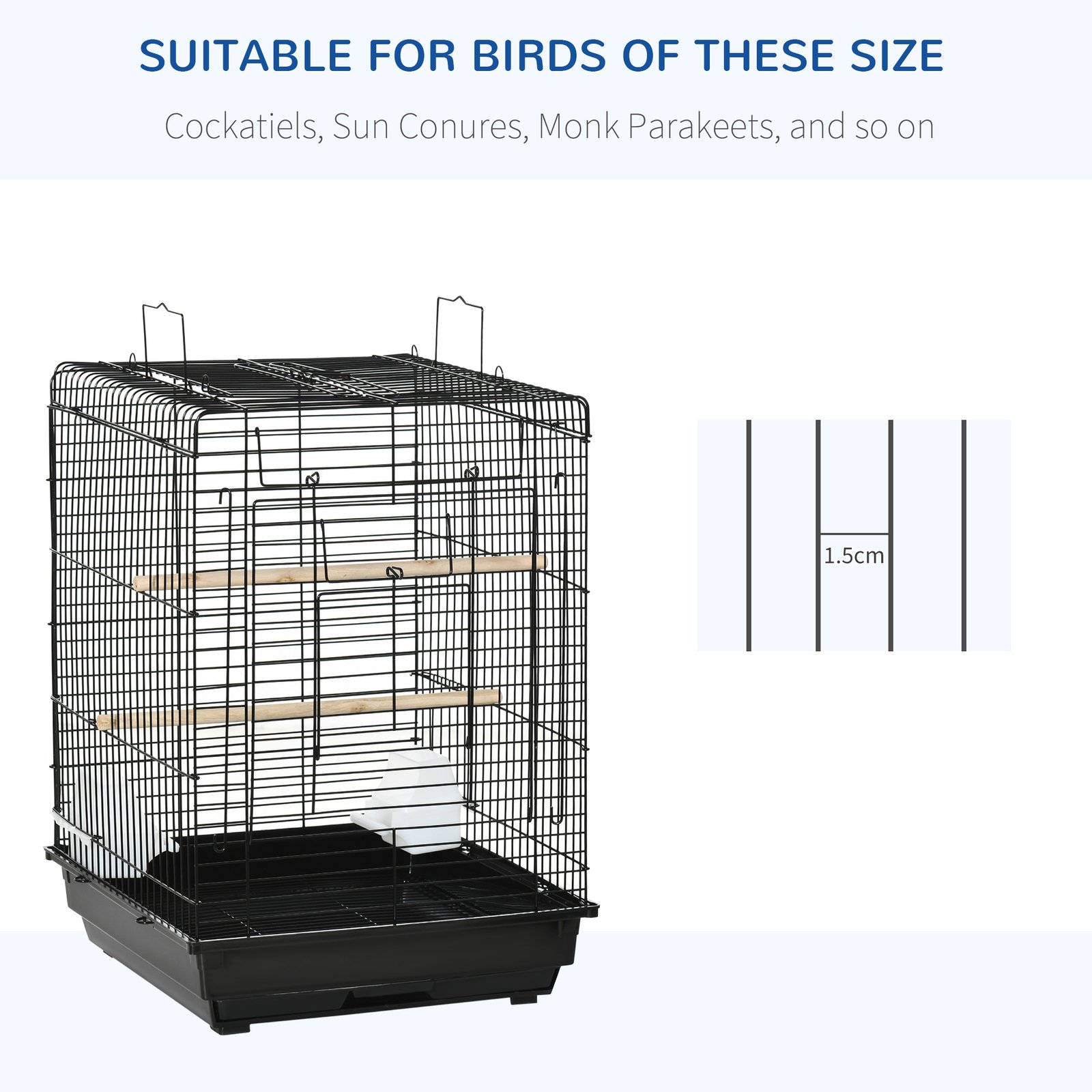 Steel Bird Cage with Openable Top, Stand, Tray, Handles, Feeding Bowls for Cockatiel - Black