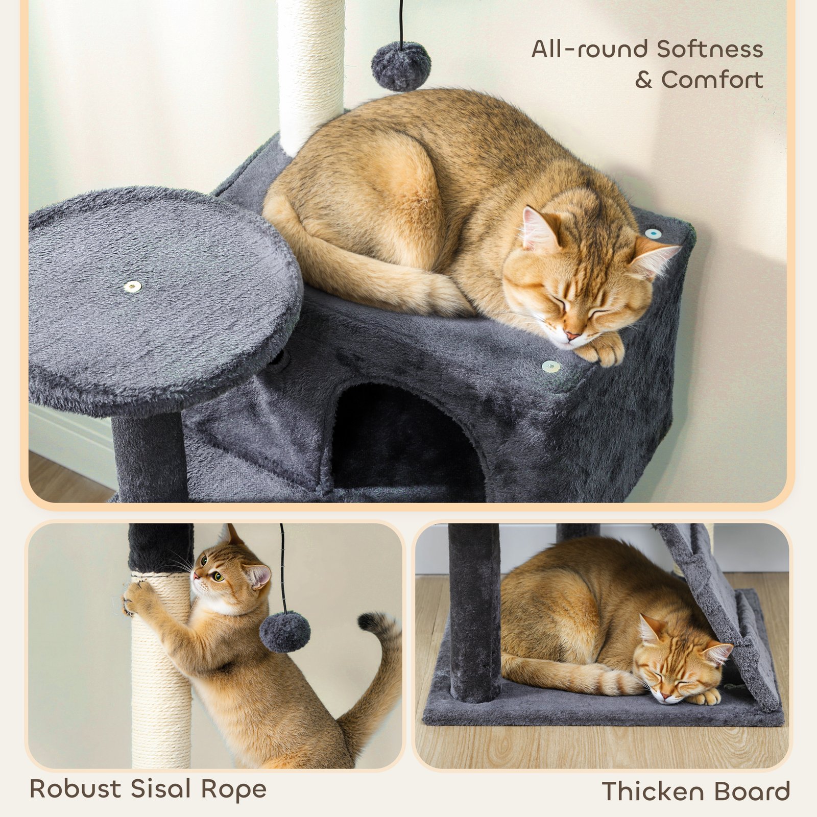 140cm Large Cat Tree Tower with Sisal Scratching Posts, Cat Houses, Plush Perches, Hammock, Ladder, Dark Grey