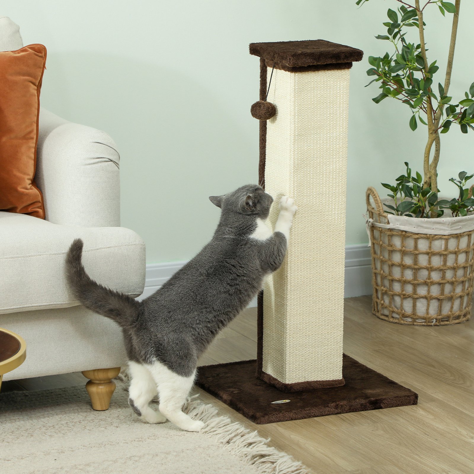 81cm Cat Scratcher, Vertical Full Scratcher w/ Natural Sisal Rope, Hanging Ball, Soft Plush - Brown