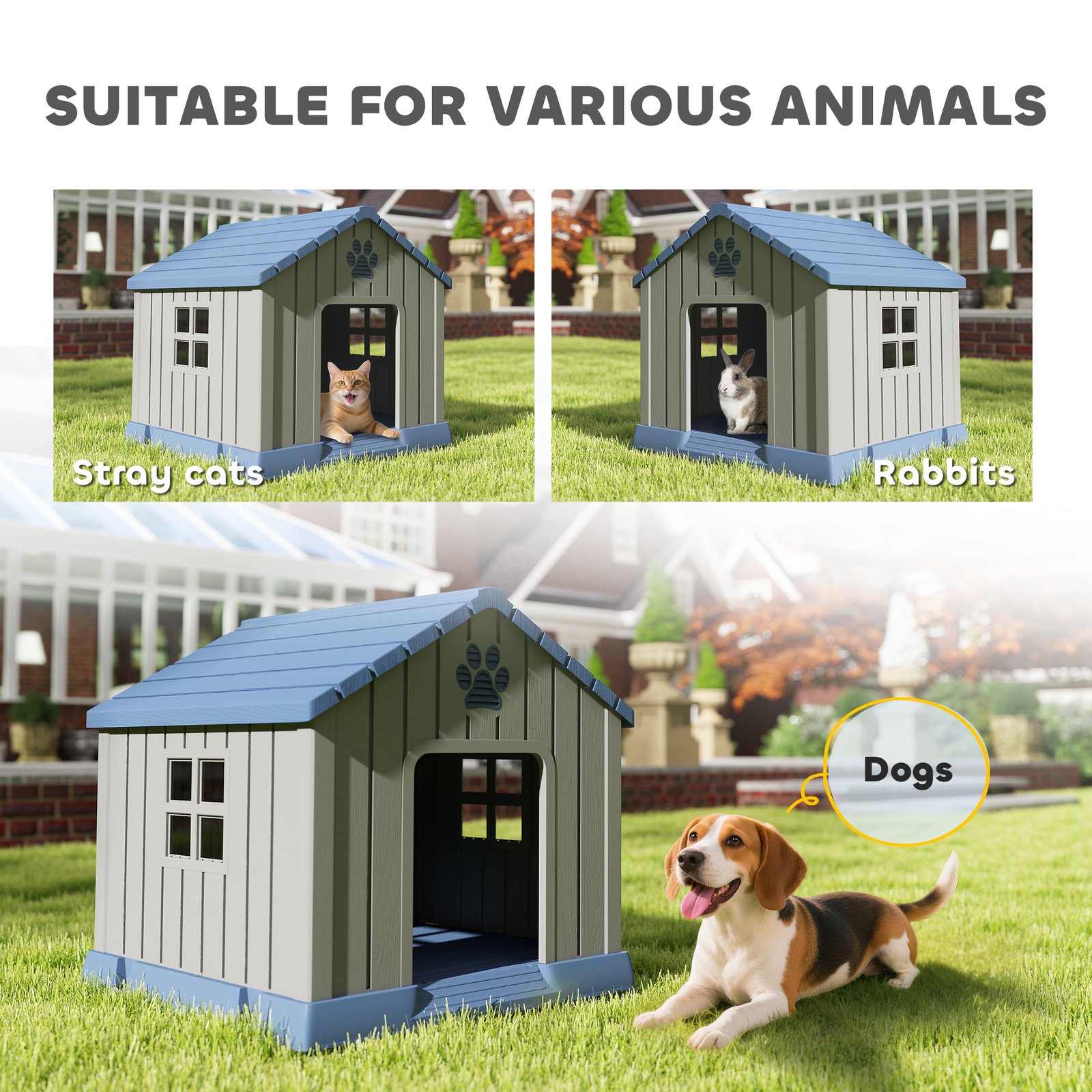 Dog Kennel Outdoor for Medium Dogs, Waterproof Plastic Dog House for Garden, Patio, 85 x 79 x 82 cm, Grey