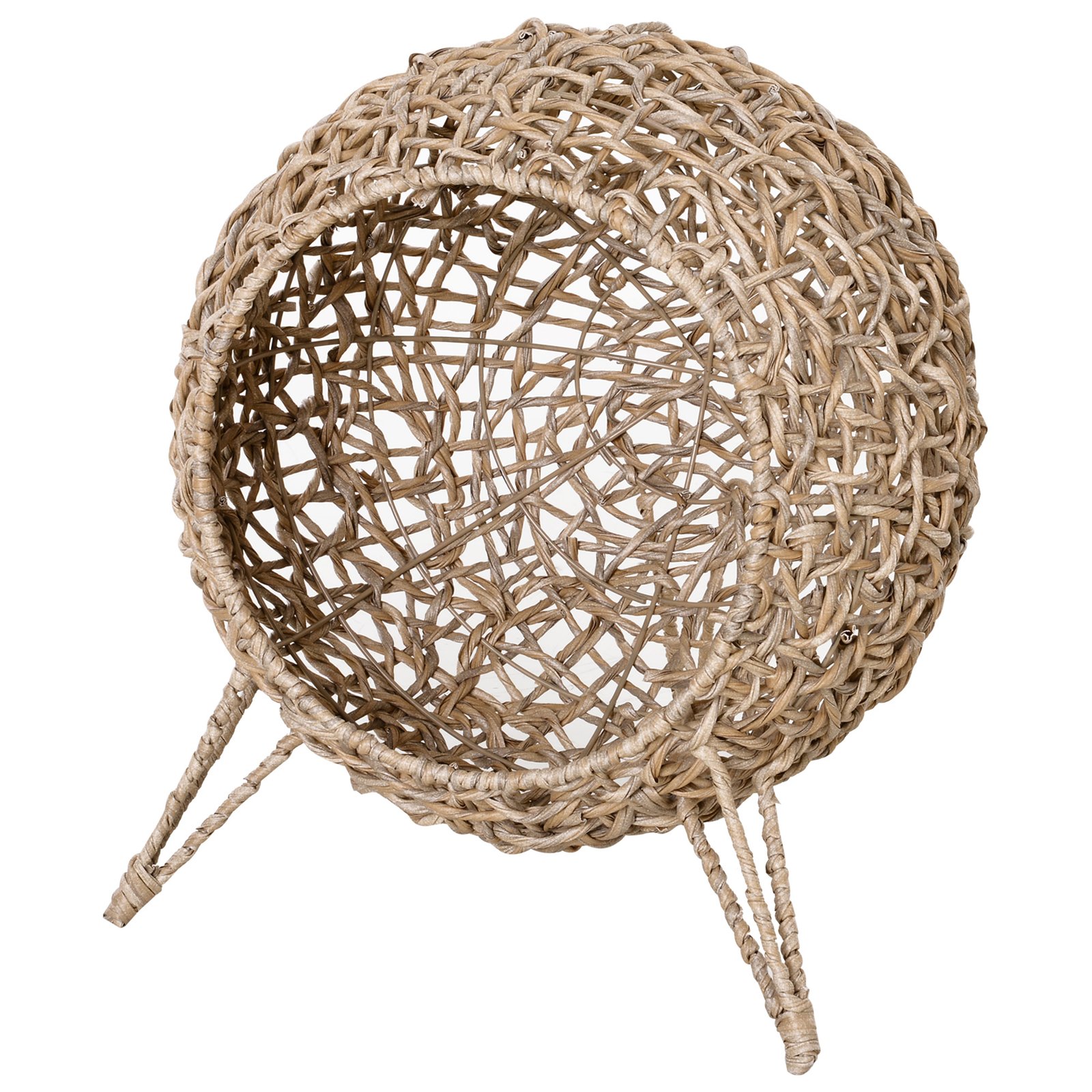 Wicker Cat Bed, Ball-Shaped Rattan Elevated Cat Basket with Three Tripod Legs, Cushion - Natural Wood Finish - Image 6