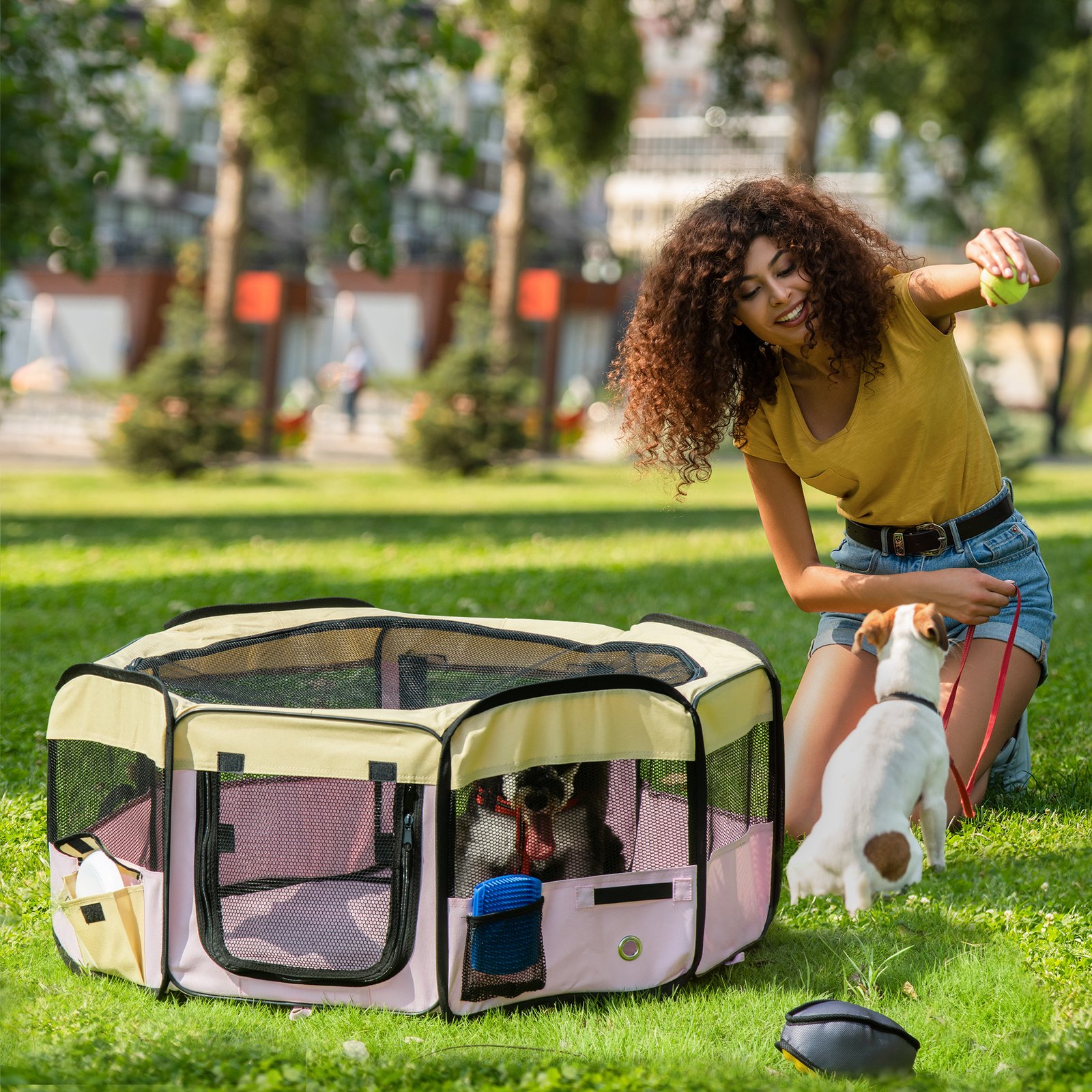 600D Oxford Soft Fabric Kennel, Pet Whelping Box Lightweight Dog Cat Puppy Playpen Rabbit Guinea Pig Foldable Portable Play Pen in Pink With Carry Bag Small Dia 90 x 41Hcm - Image 9