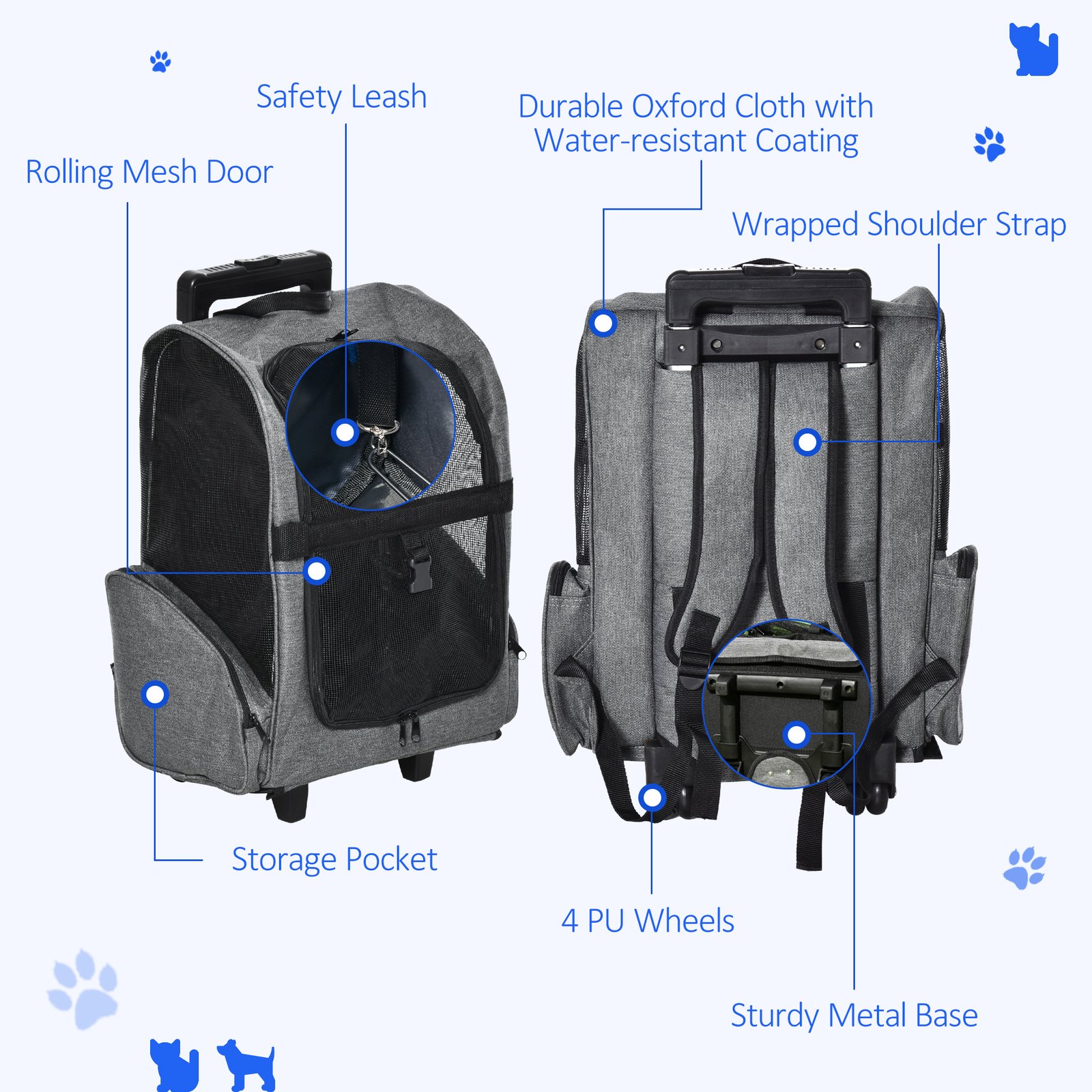 2 in 1 Dog Backpack and Trolley, Pet Travel Backpack Cat Dog Carrier with Telescopic Handle, Portable Pet Stroller Wheel Luggage Bag (Grey)