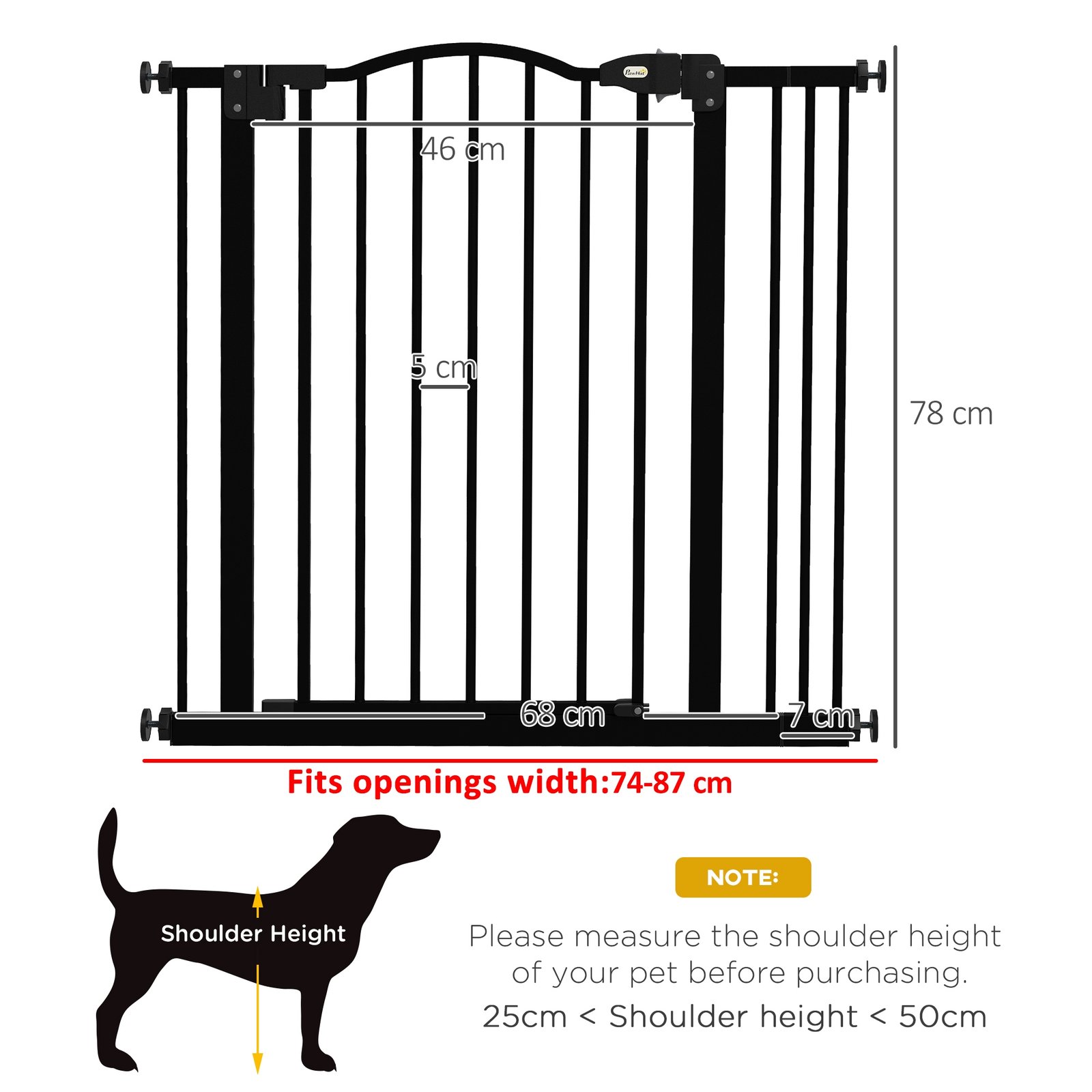 Metal 74-87cm Adjustable Pet Gate Safety Barrier w/ Auto-Close Door Black