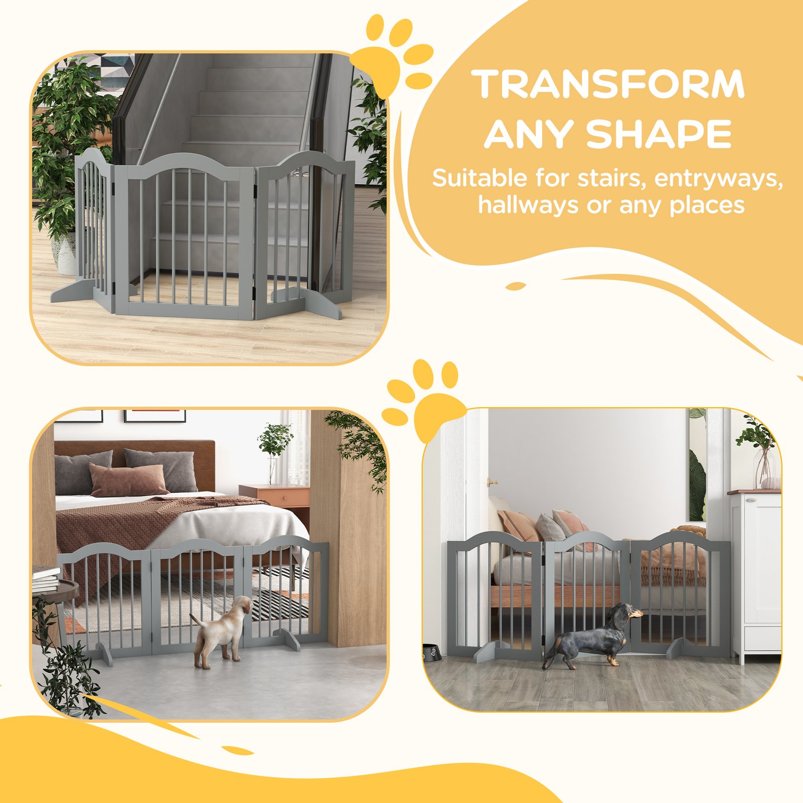 3 Panels Dog Gate w/ Support Feet Fence Safety Barrier Freestanding Wood Light Grey - Image 8