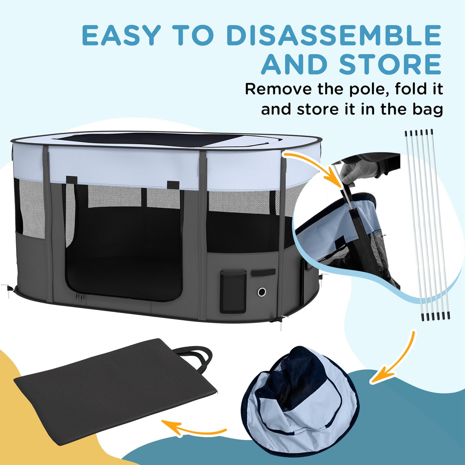 Foldable Dog Pen with Storage Bag for Indoor/Outdoor Use, Portable Pet playpen, with Ground Stakes - Grey - Image 6
