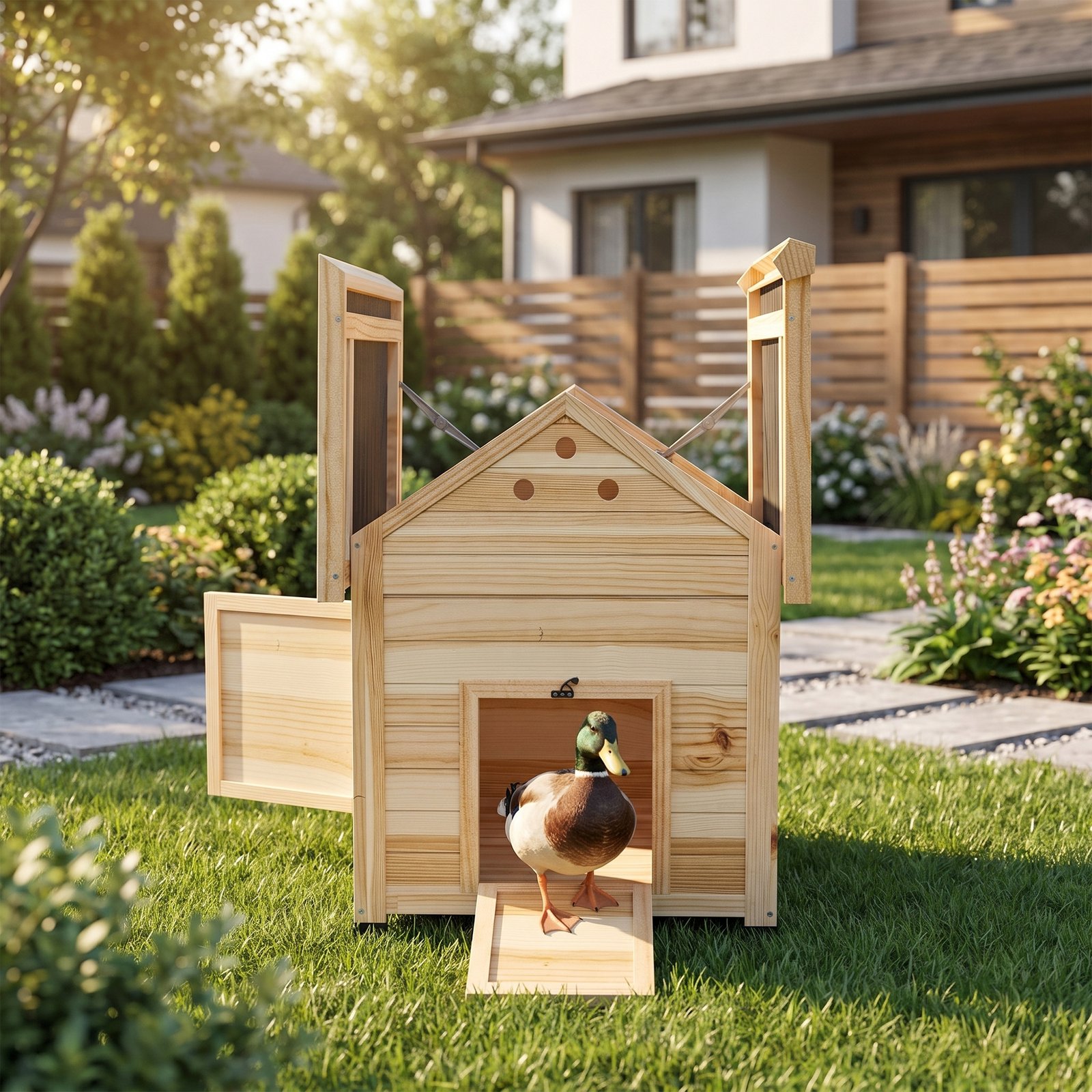 Wooden Duck House with Double Doors, Openable Roof, Ventilation Holes, Removable Base, Natural Wood Finish