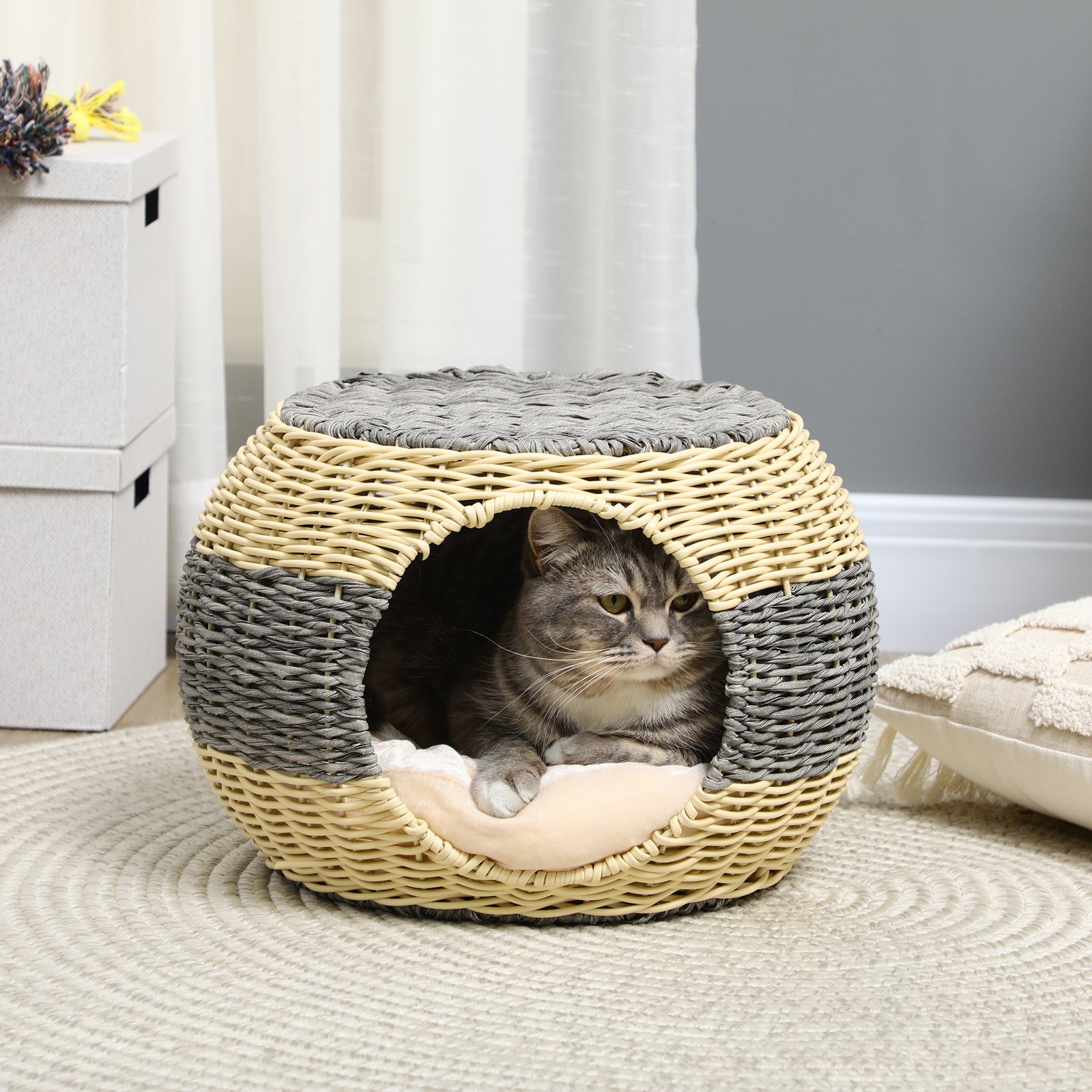 Wicker Cat House, Rattan Raised Cat Bed, Cosy Kitten Cave with Soft Washable Cushion, Φ40 x 30cm - Image 9
