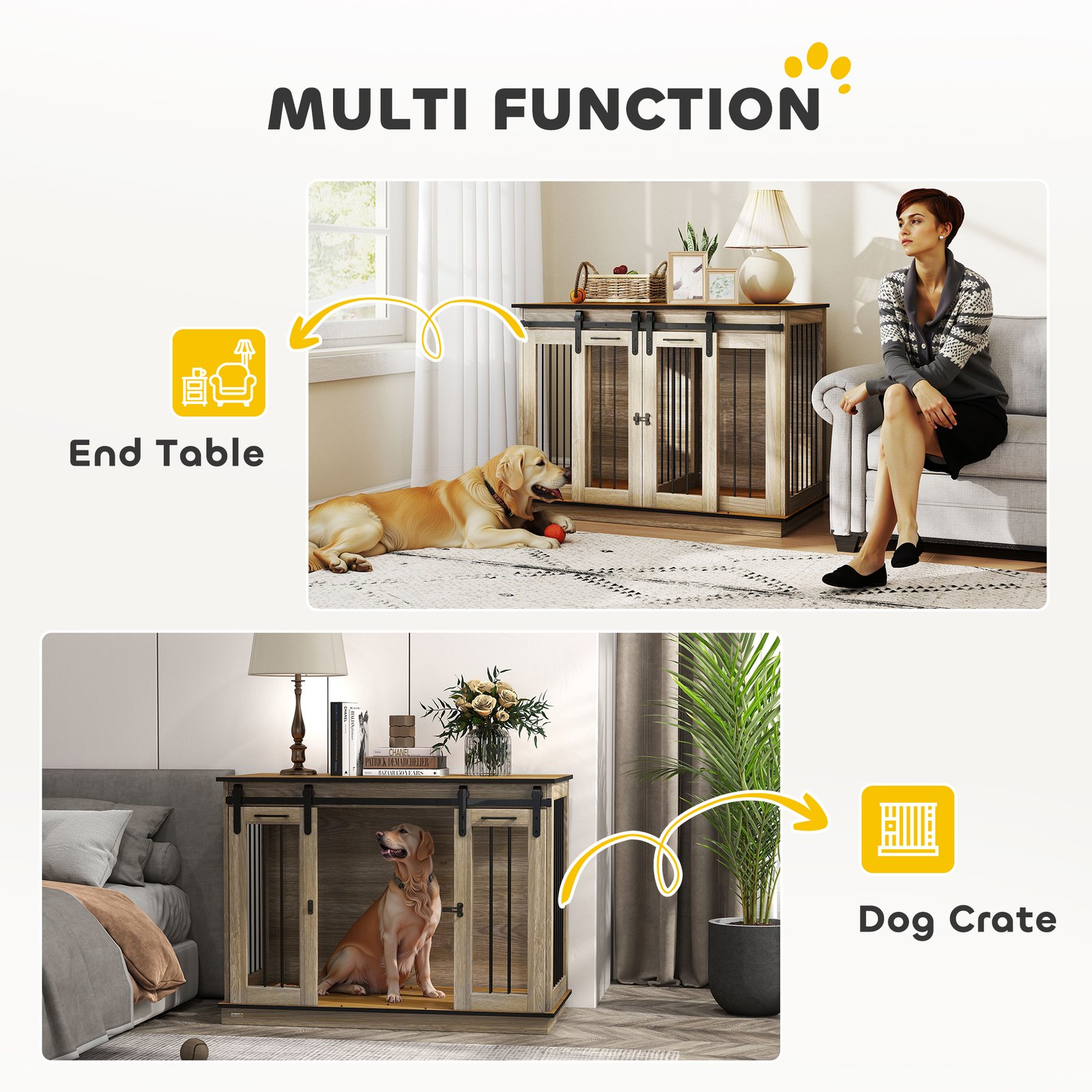 Dog Crate Furniture for Large Dogs, Double Dog Cage for Small Dogs, with Sliding Doors - Oak Tone - Image 4