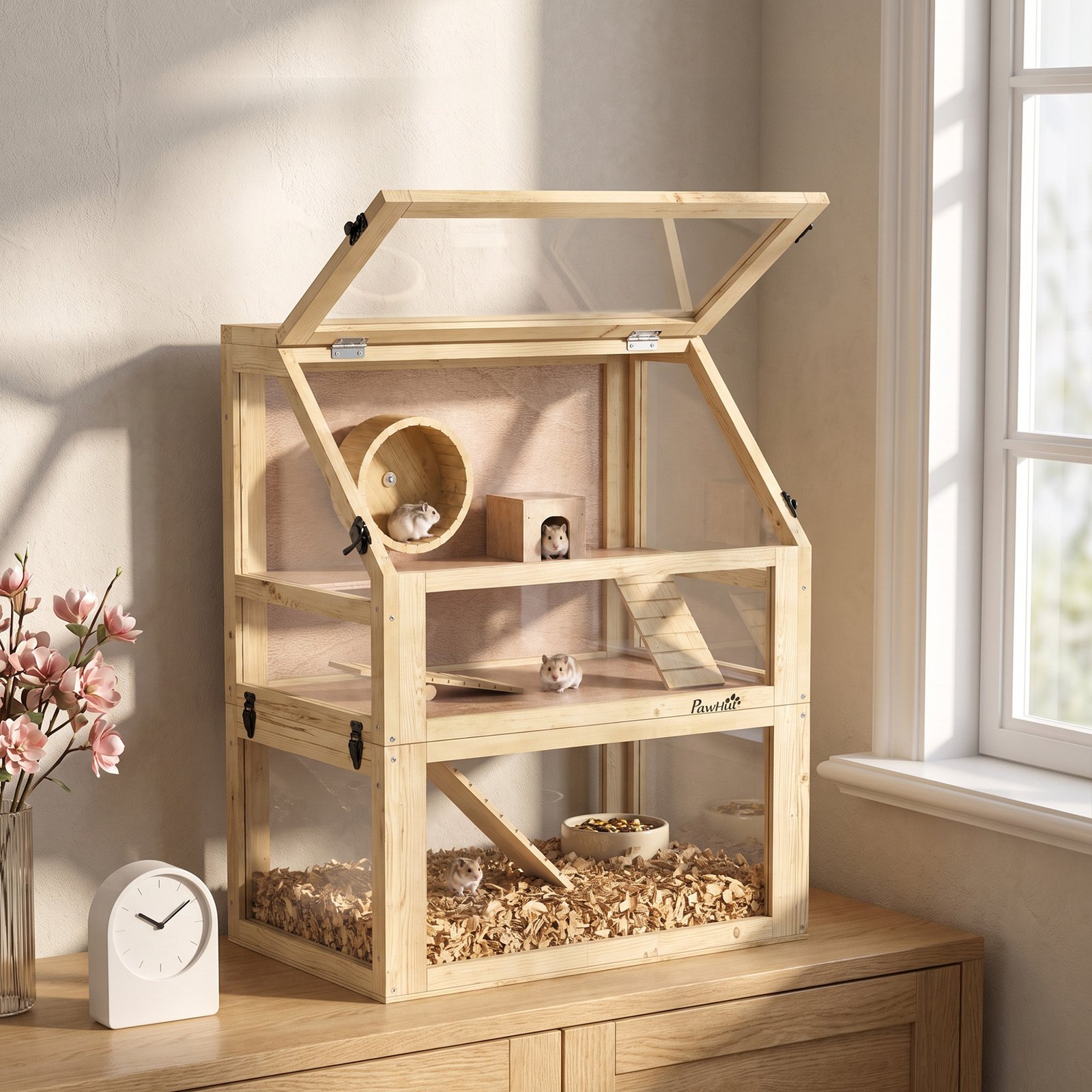 Wooden Hamster Cage with Detachable 32cm Deep Bottom, Hut, Seesaw, Exercise Wheel, Ramp, 60 x 40 x 75cm, Natural