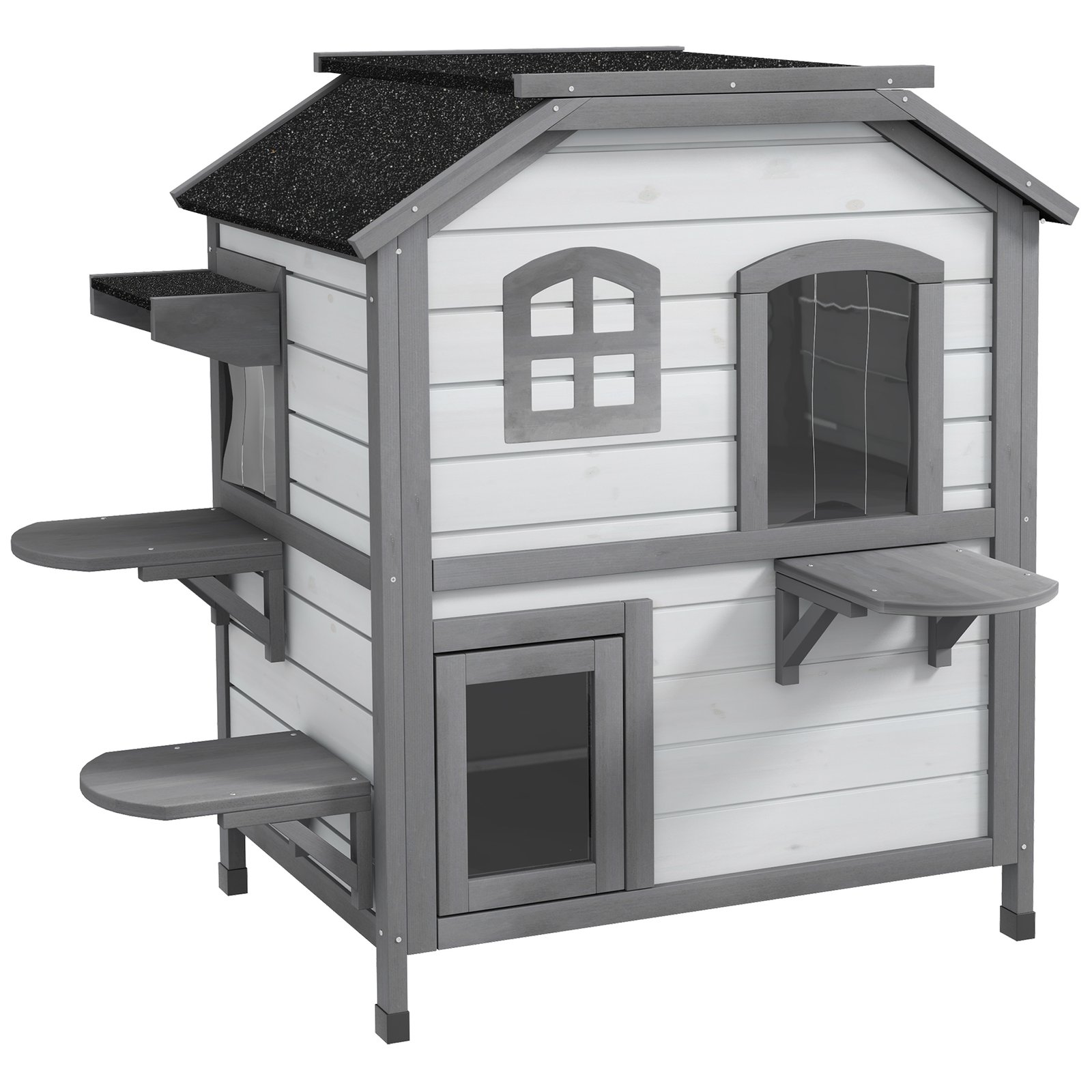 2-Story Indoor or Outdoor Cat House W/ Escape Door, Cat Shelter, White