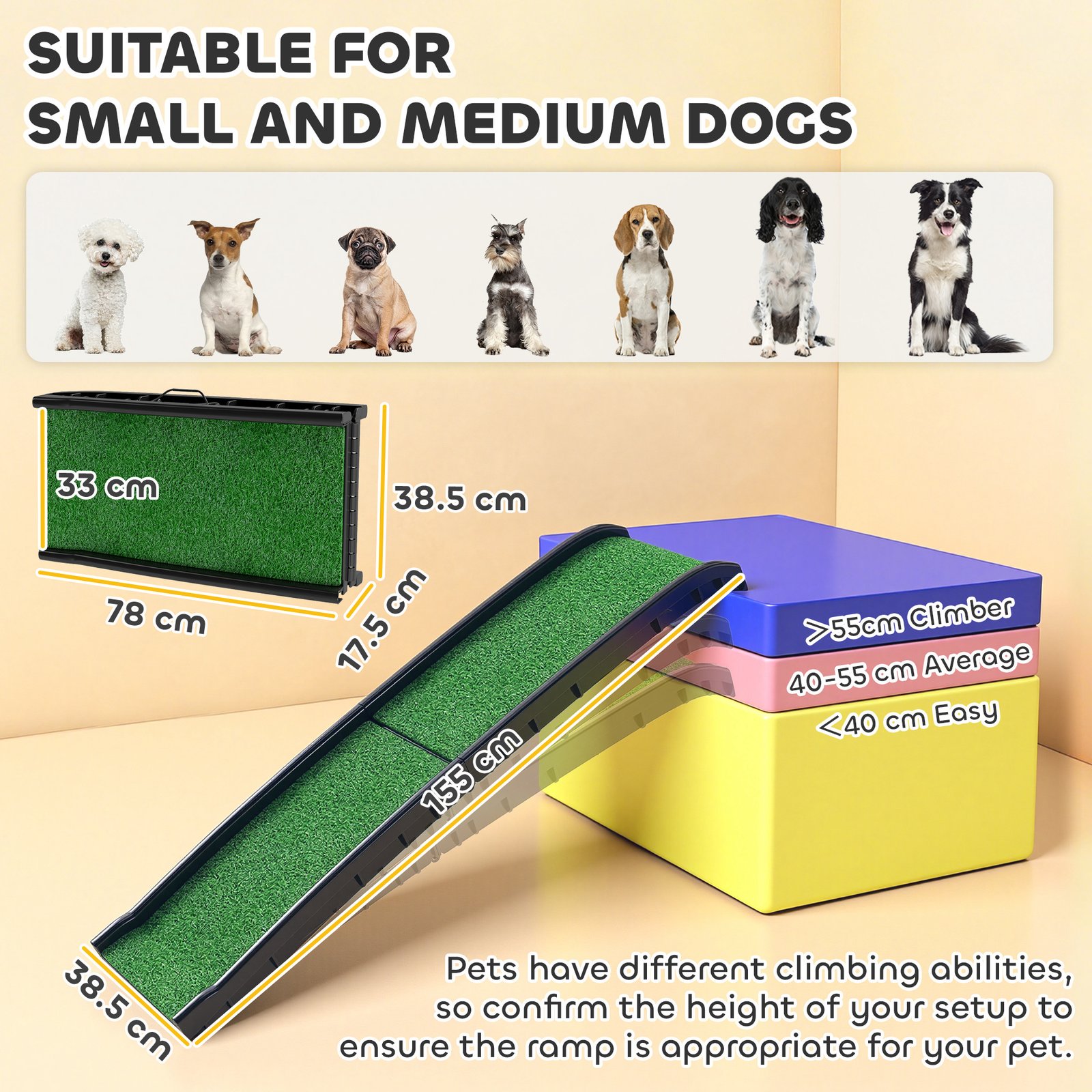 Foldable Dog Ramp with Artificial Anti-slip Surface, Portable & Lightweight, for Cars, Home, 155 x 38.5 x 15.5 cm