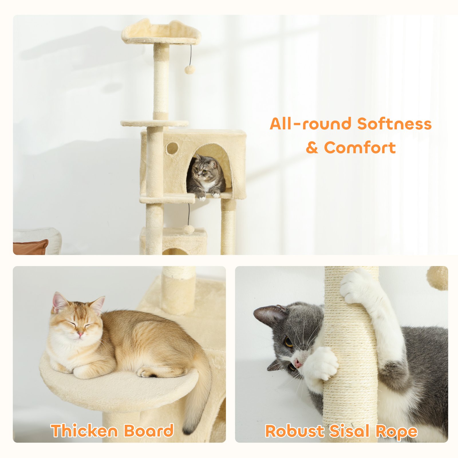180cm Large Cat Tree Tower with Sisal Scratching Posts, Condos, Plush Perches, Hammock, Ladder, Beige