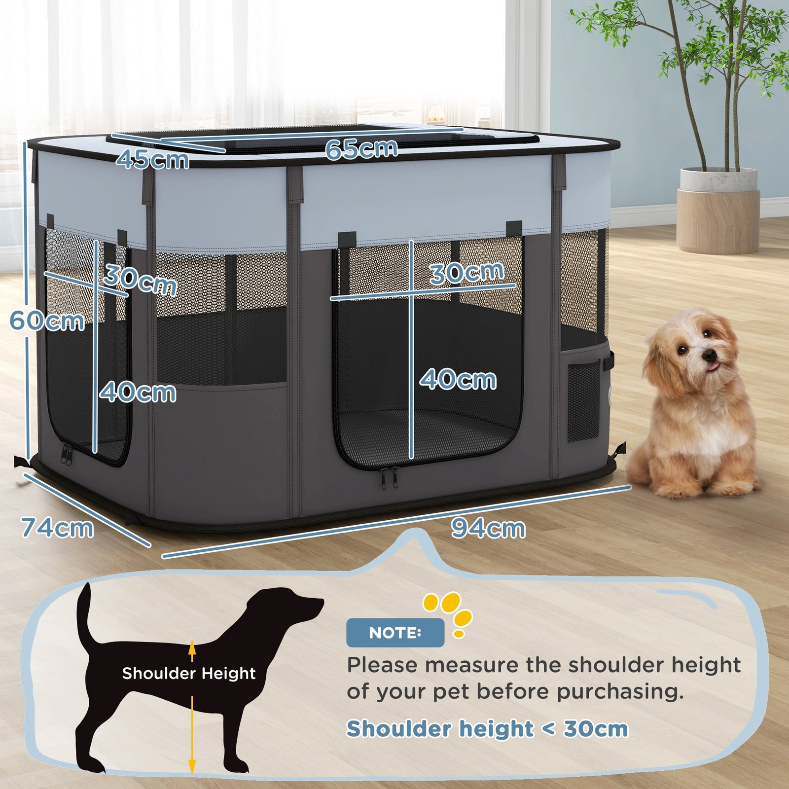 Foldable Dog Pen with Storage Bag for Indoor/Outdoor Use - Grey