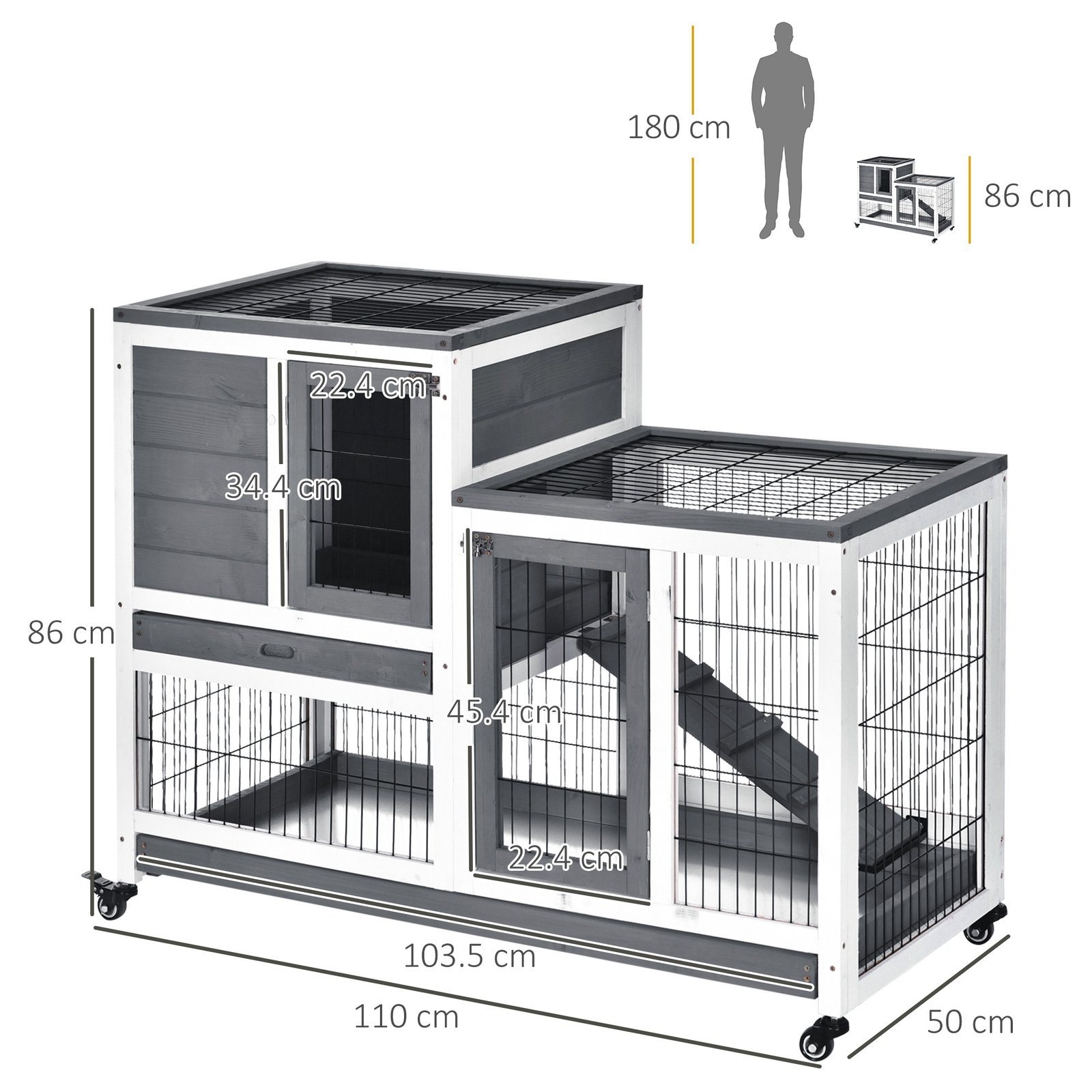 Wooden Indoor Rabbit Hutch Guinea Pig House Bunny Small Animal Cage W/ Wheels Enclosed Run 110 x 50 x 88 cm, Grey - Image 2