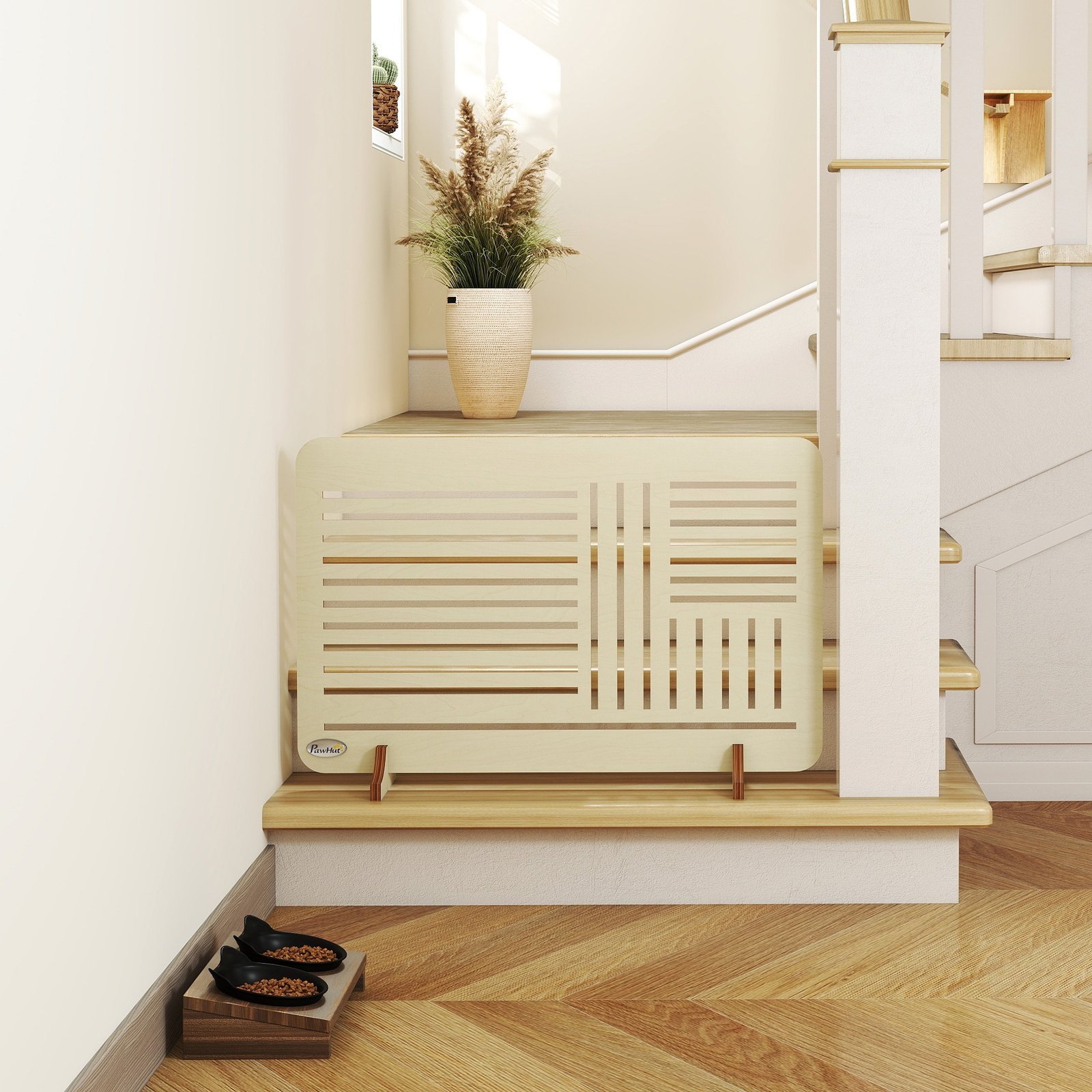 Freestanding Pet Gate, Portable Dog Barrier Gate with Feet for Small Breeds, 75 x 53 cm, Natural Wood