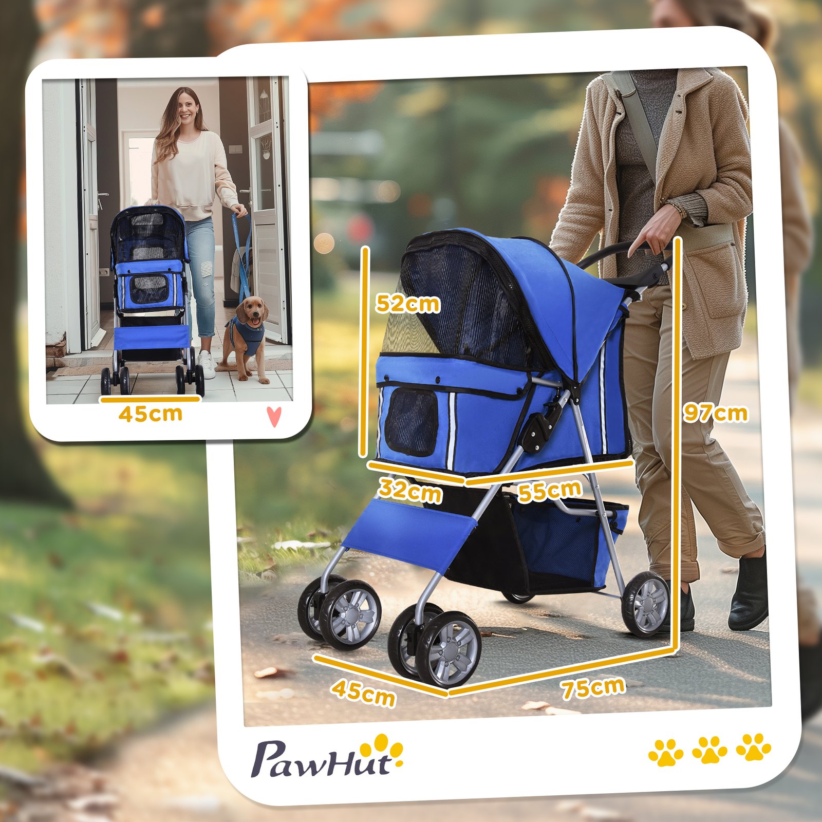 Pet Stroller for Small Miniature Dogs Cats Foldable Travel Carriage with Wheels Zipper Entry Cup Holder Storage Basket Blue - Image 3