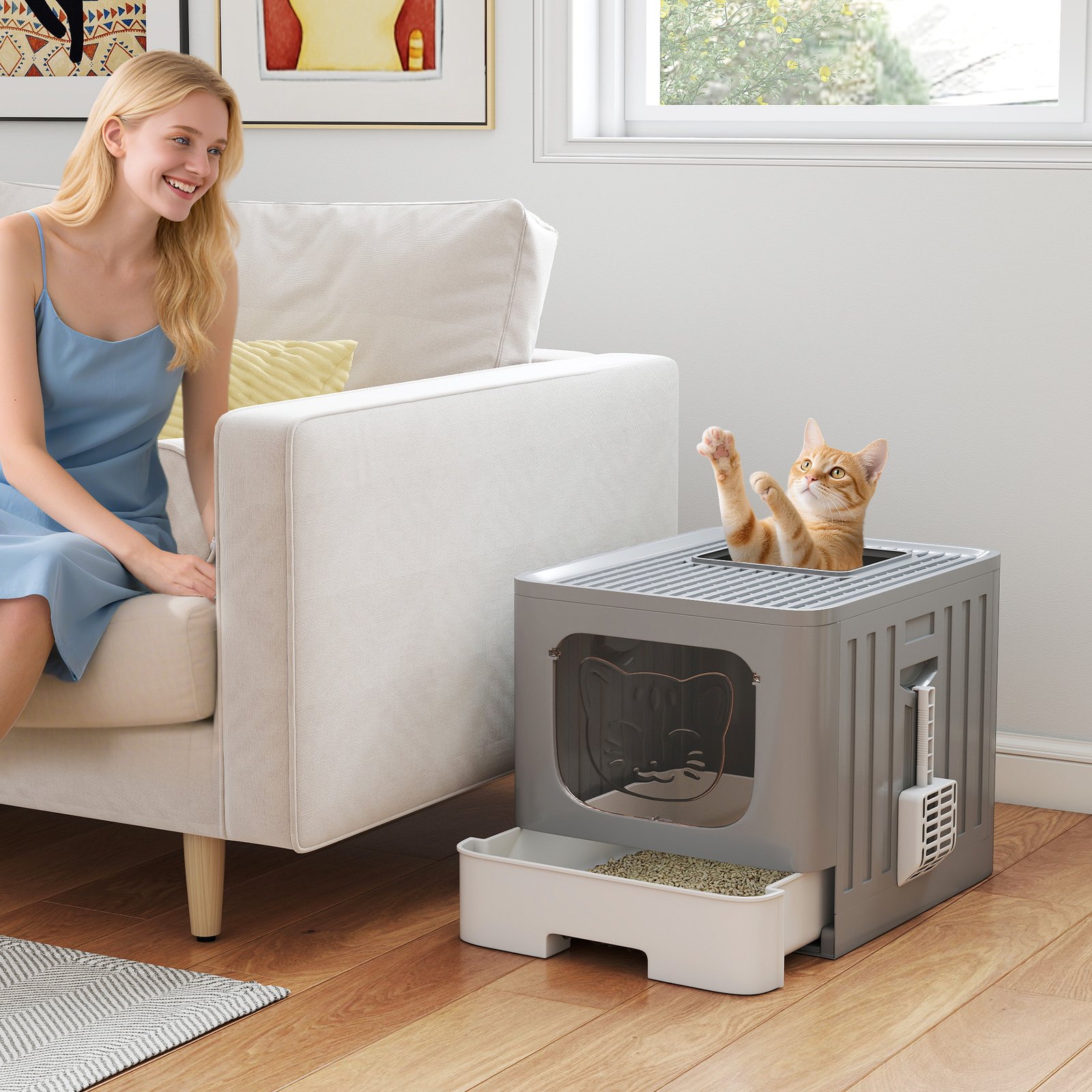 Cat Litter Box with Lid, Slide-Out Drawer, Scoop, Easy Clean, Odour Control, Anti-Splashing, Grey