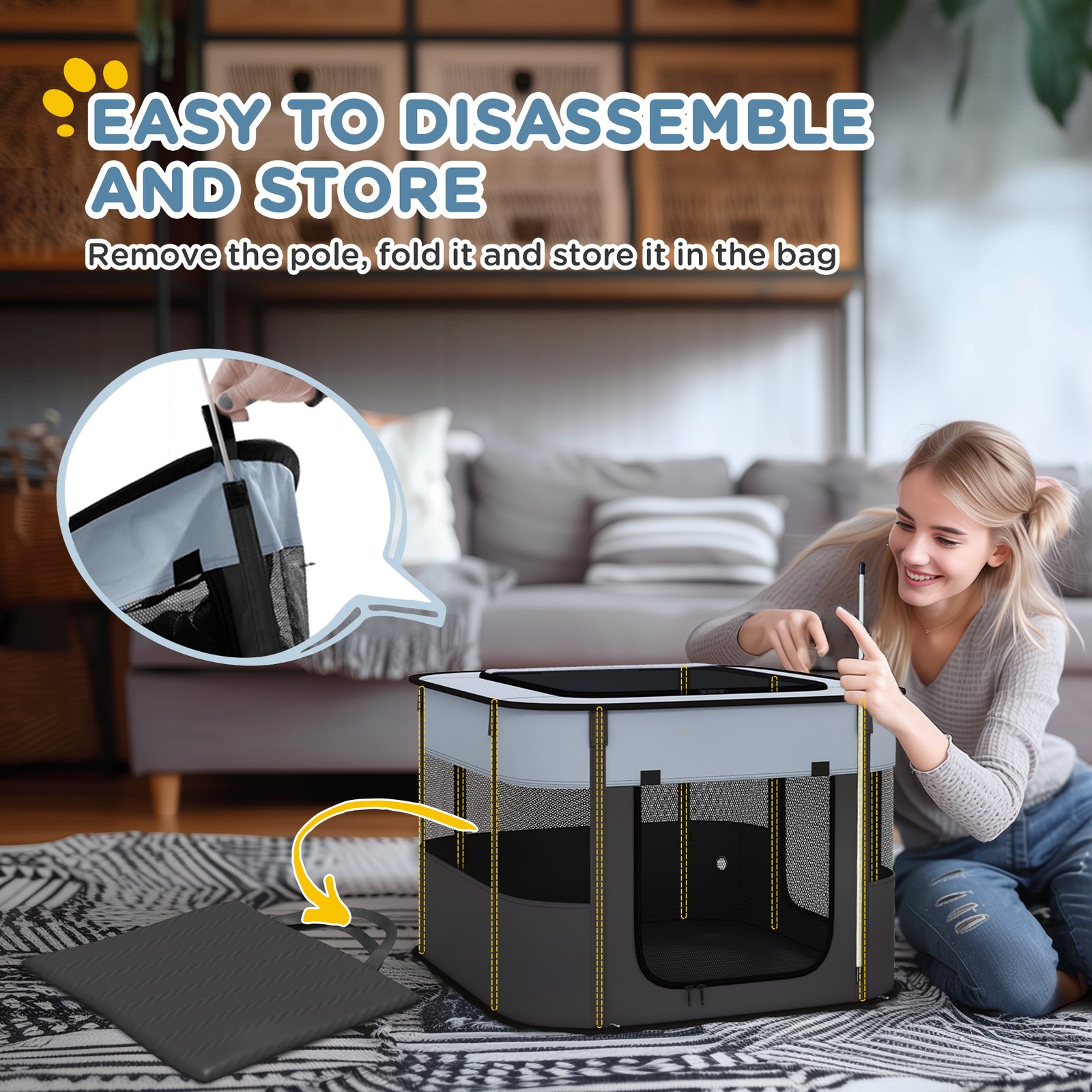 Foldable Dog Pen with Storage Bag for Indoor/Outdoor Use, Portable Pet playpen, with Ground Stakes - Grey - Image 6
