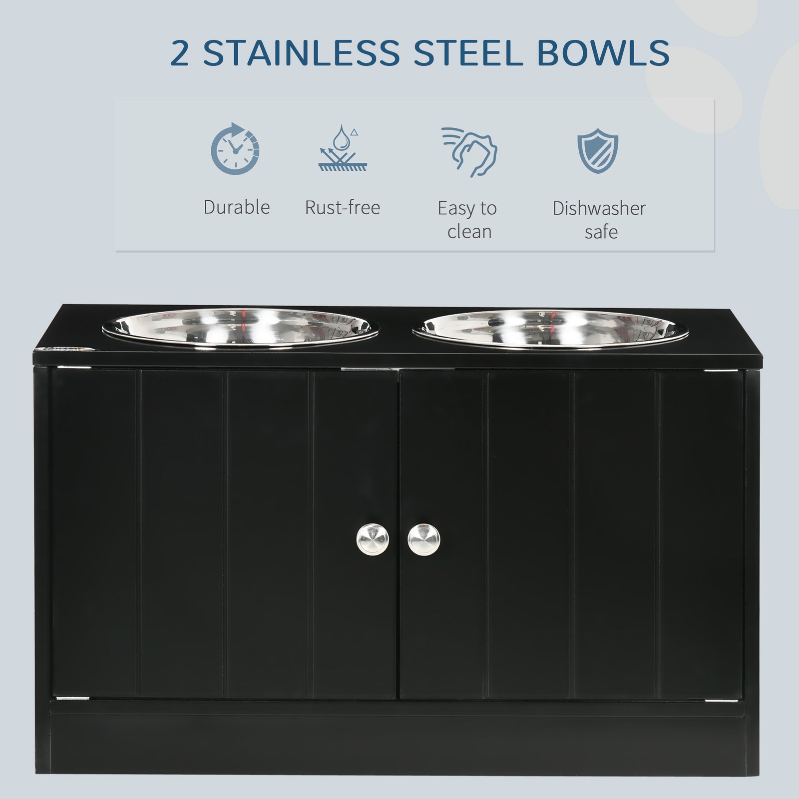 Raised Pet Feeder, with Two Bowls, Storage - Black - Image 4