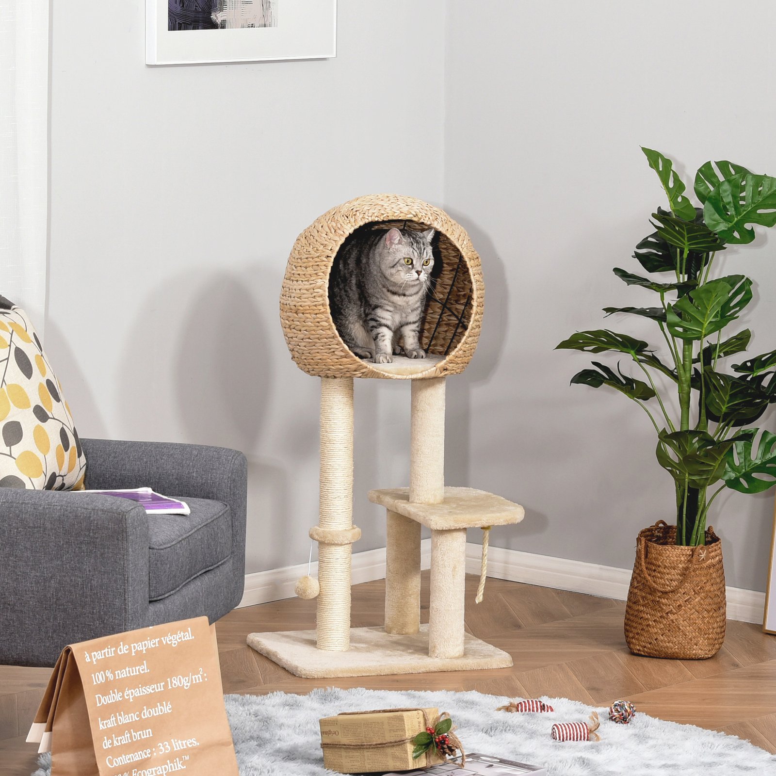 Cat Tree for Indoor Cats 100cm Kitten Climbing Tower Activity Center with Sisal Scratching Post Condo Perch Hanging Balls Teasing Rope Toy Cushion