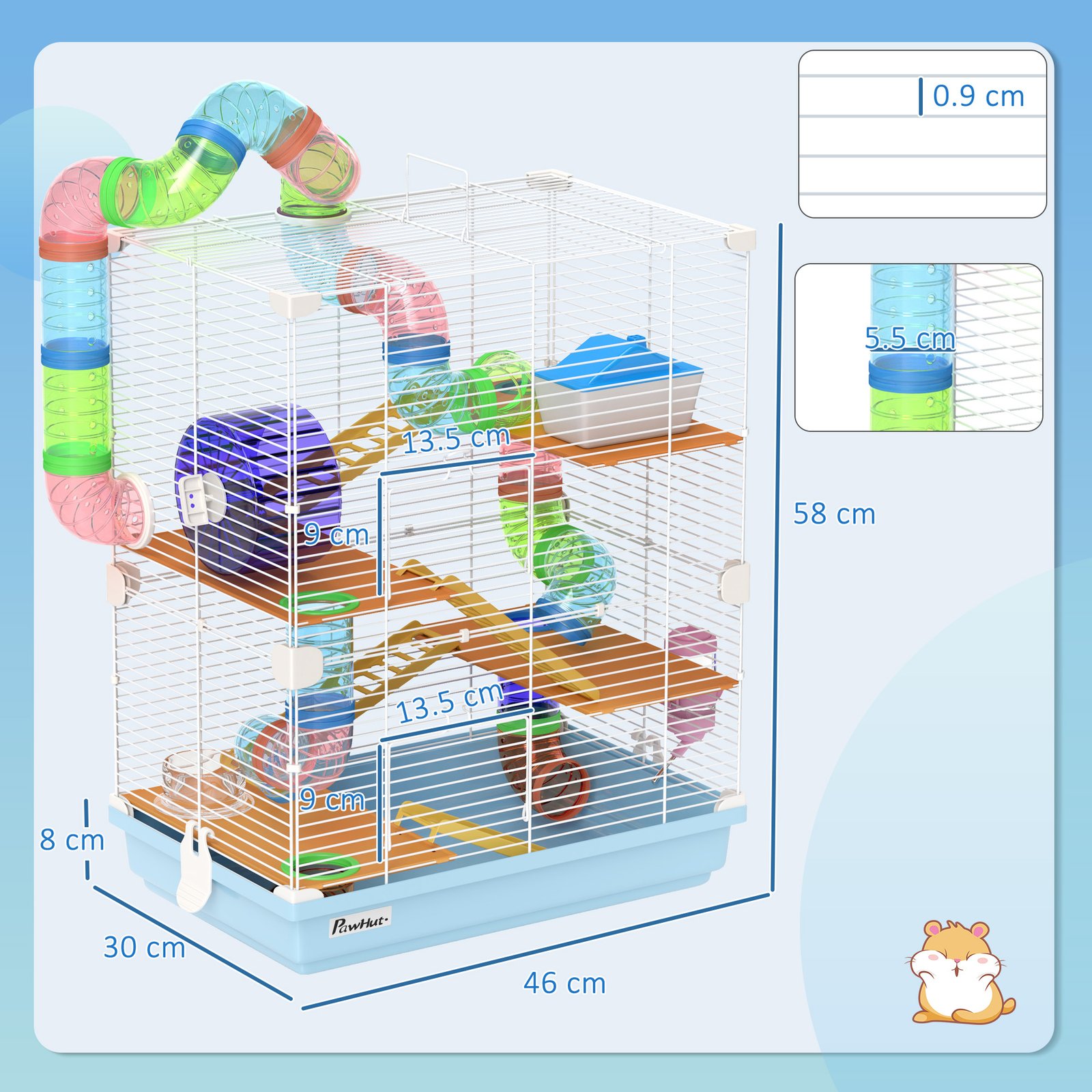5 Tier Hamster Cage Carrier Habitat w/ Exercise Wheels, Tunnel, Light Blue - Image 3