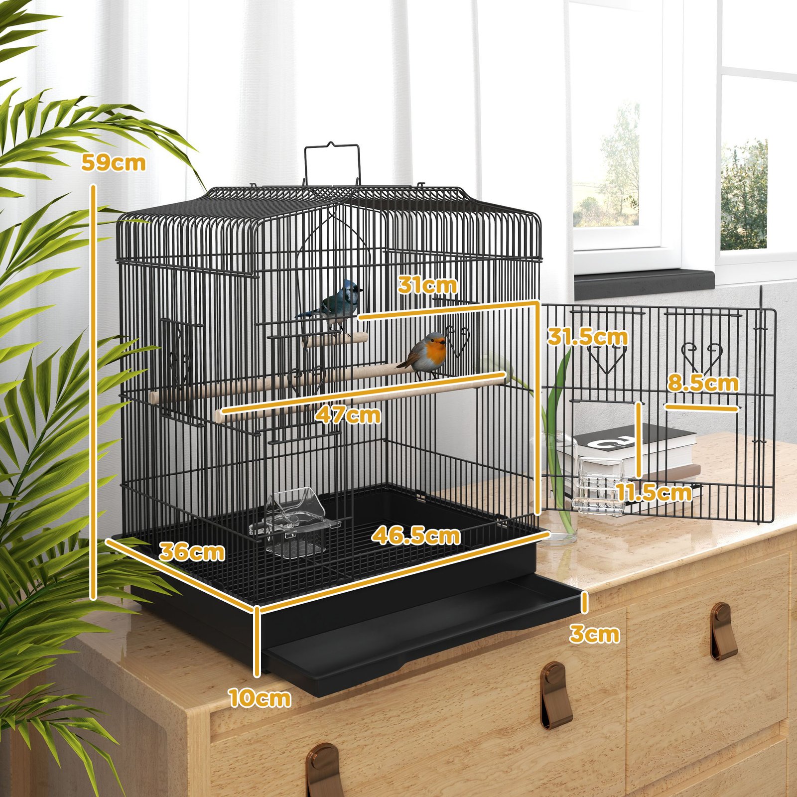 Large Metal Bird Cage with Perches, Food Bowls, Swing, for Budgies, Finches, Black