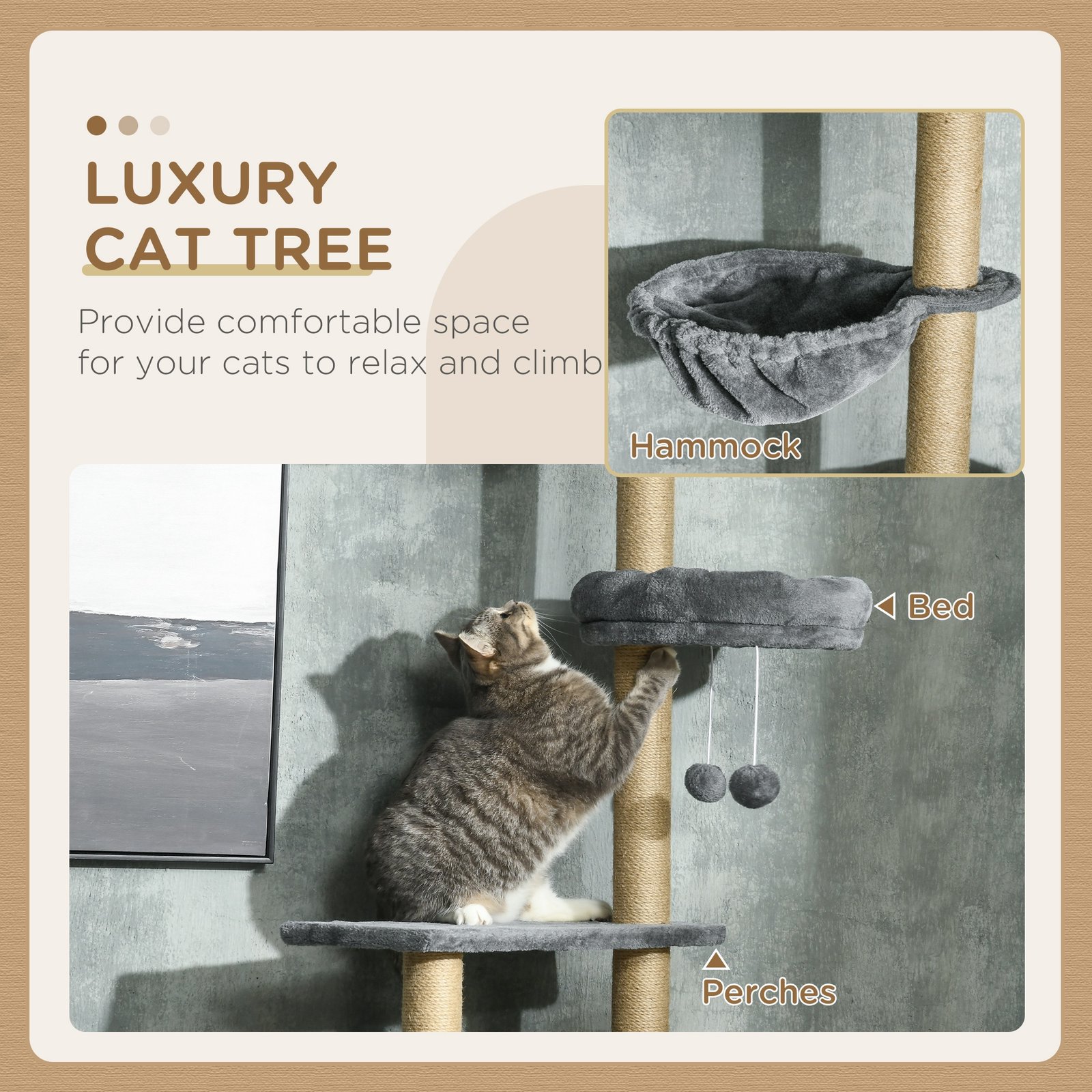 230-250cm Floor-to-Ceiling Climbing Cat Tree Tower - Grey
