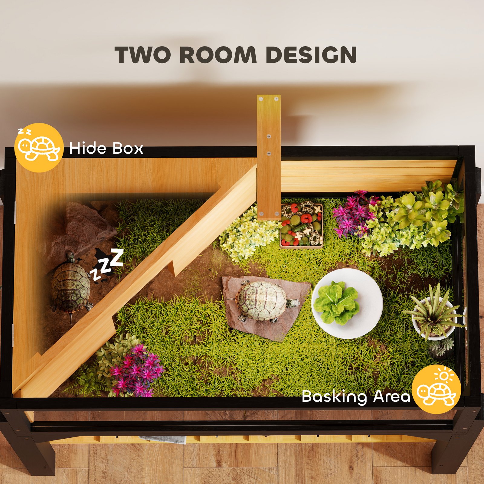Wooden Tortoise House with Storage Shelf, Clear Observation Windows, Lamp Holder, Openable Top, Built-in Tray, Yellow - Image 6