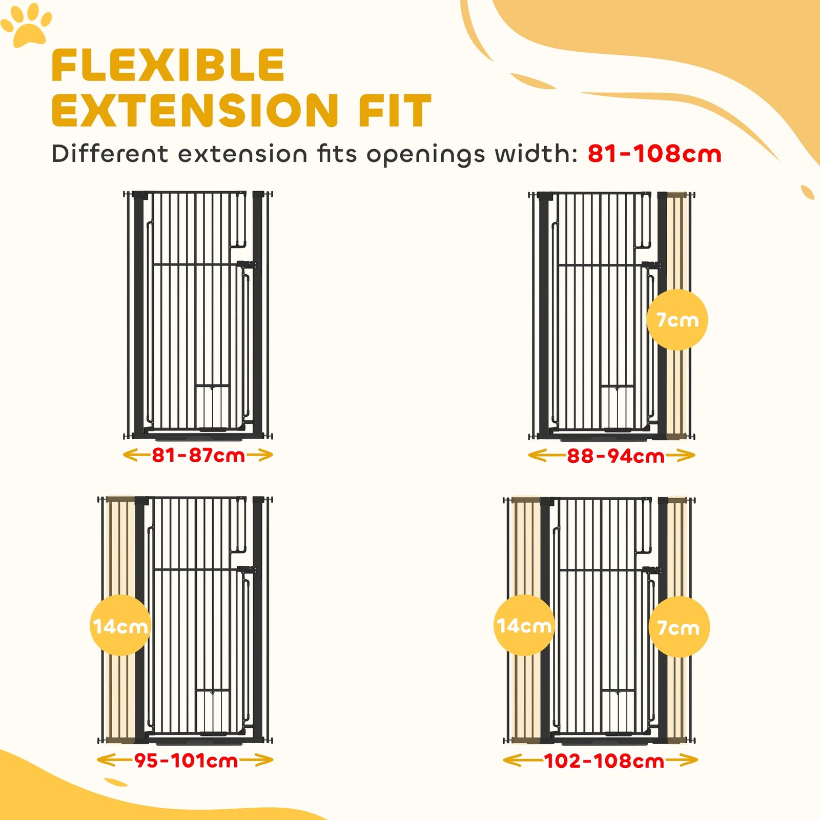 135cm Extra Tall Dog Gate with Cat Door, Fits Openings 81-108 cm Pressure Mounted for Doorways, Hallways, No Drilling