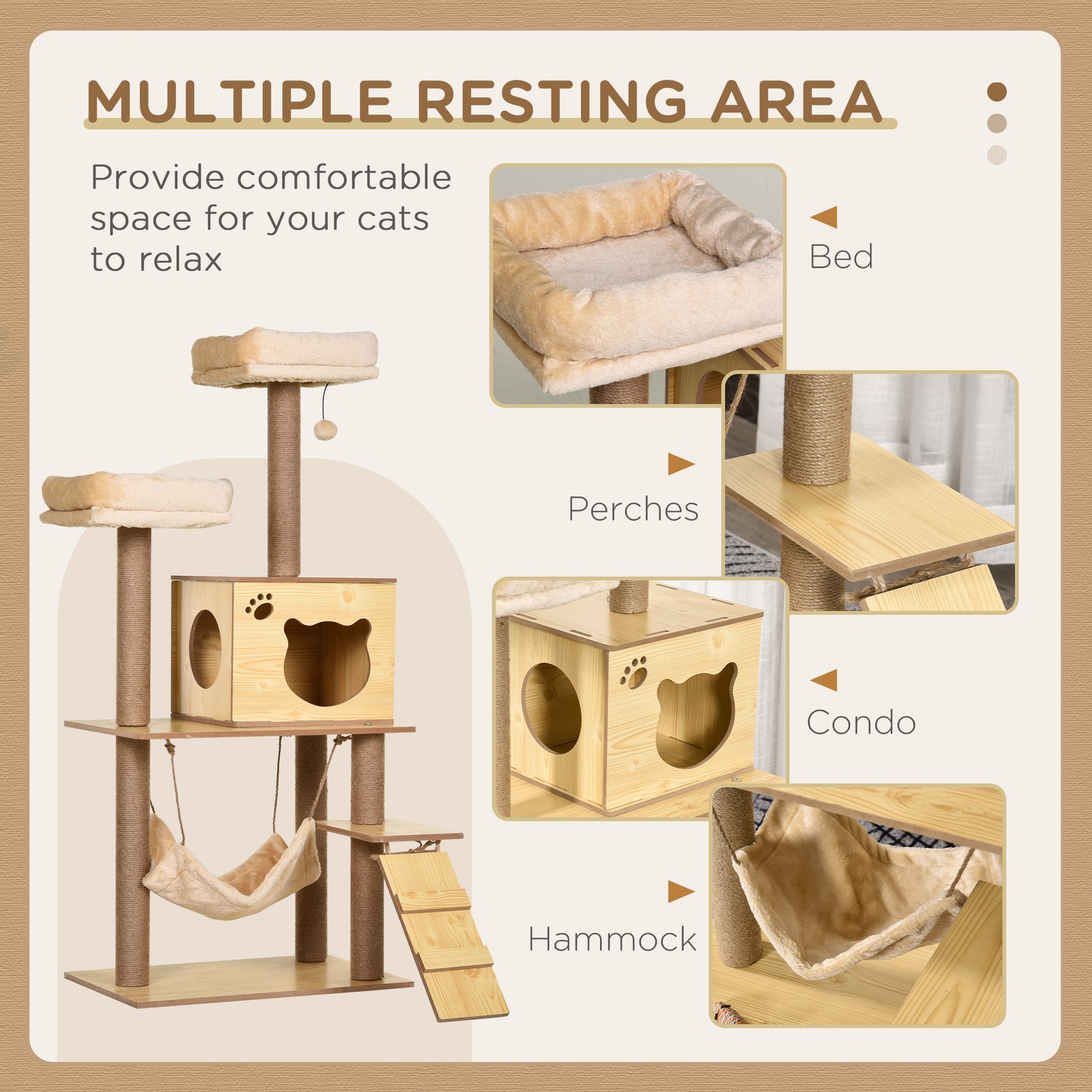130cm Cat Tree for Indoor Cats, Multi-Level Plush Cat Tower, with Five Scratching Posts, Two Perches, Cat House, Hammock