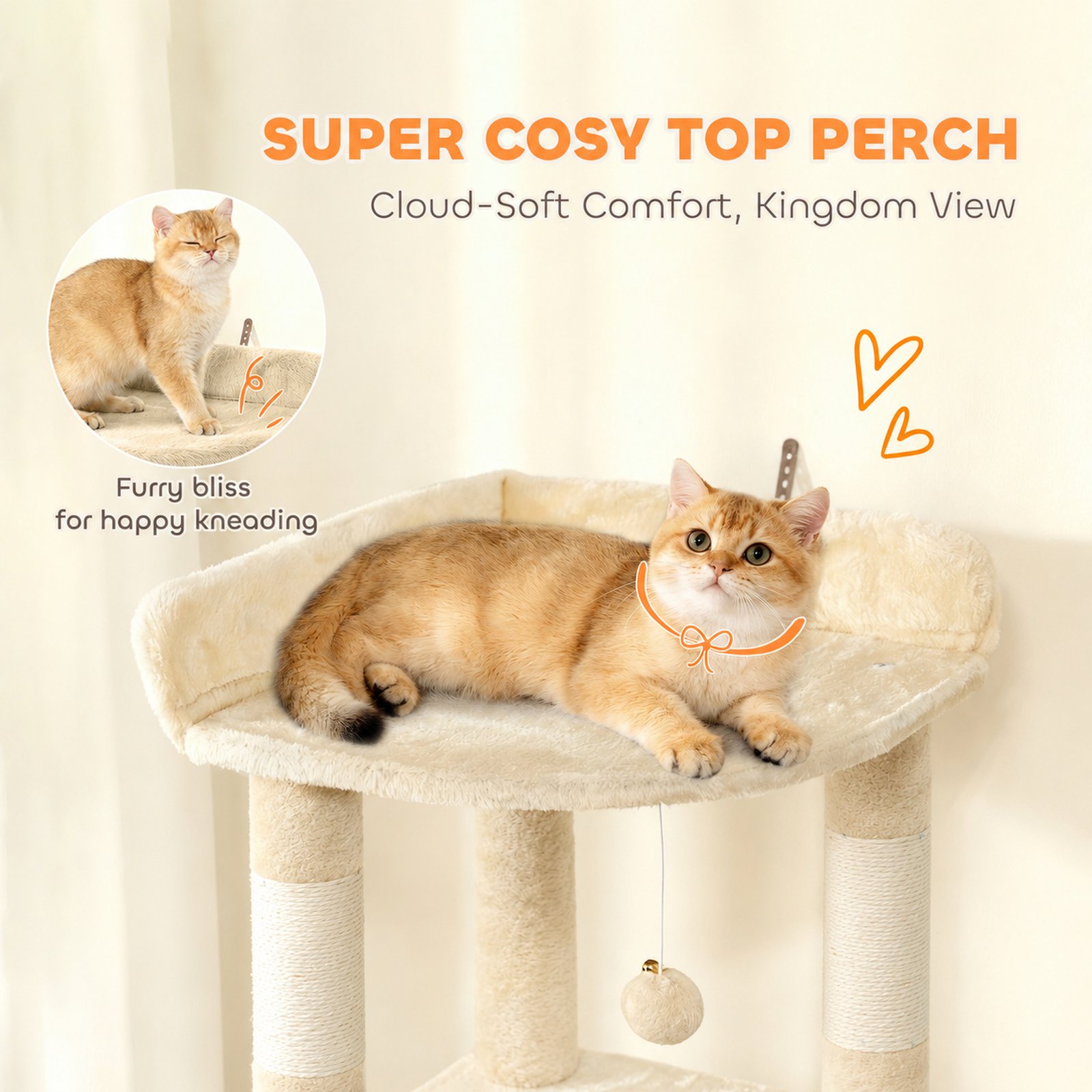 170 cm Large Cat Tree, Cat Tower with 7 Scratching Posts, Tunnel, 2 Condos, Hammock, Perch, Ramp, Pompoms, Beige