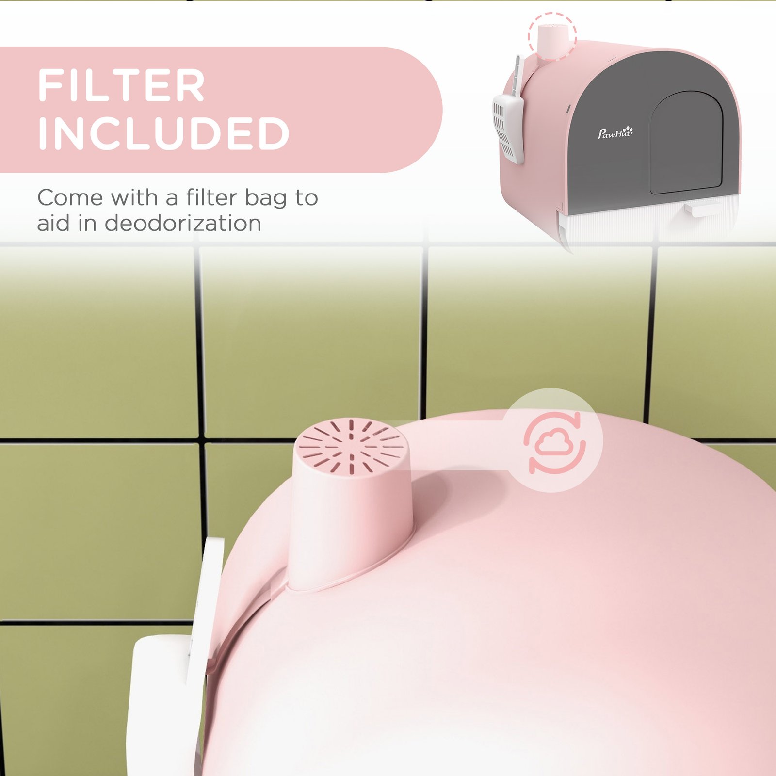 Hooded Cat Litter Box, Kitten Litter Tray, with Lid, Scoop, Filter, Flap Door, Pink