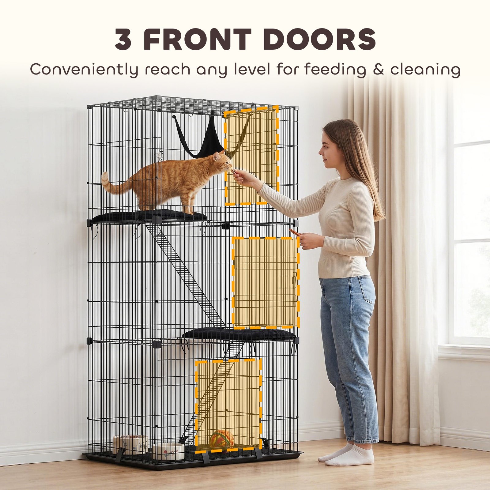 3-Tier Large Cat Cage Indoor, Detachable Metal Wire Kennel with Hammock, Platforms, Tray and Cushions for 1-2 Kittens - Image 6